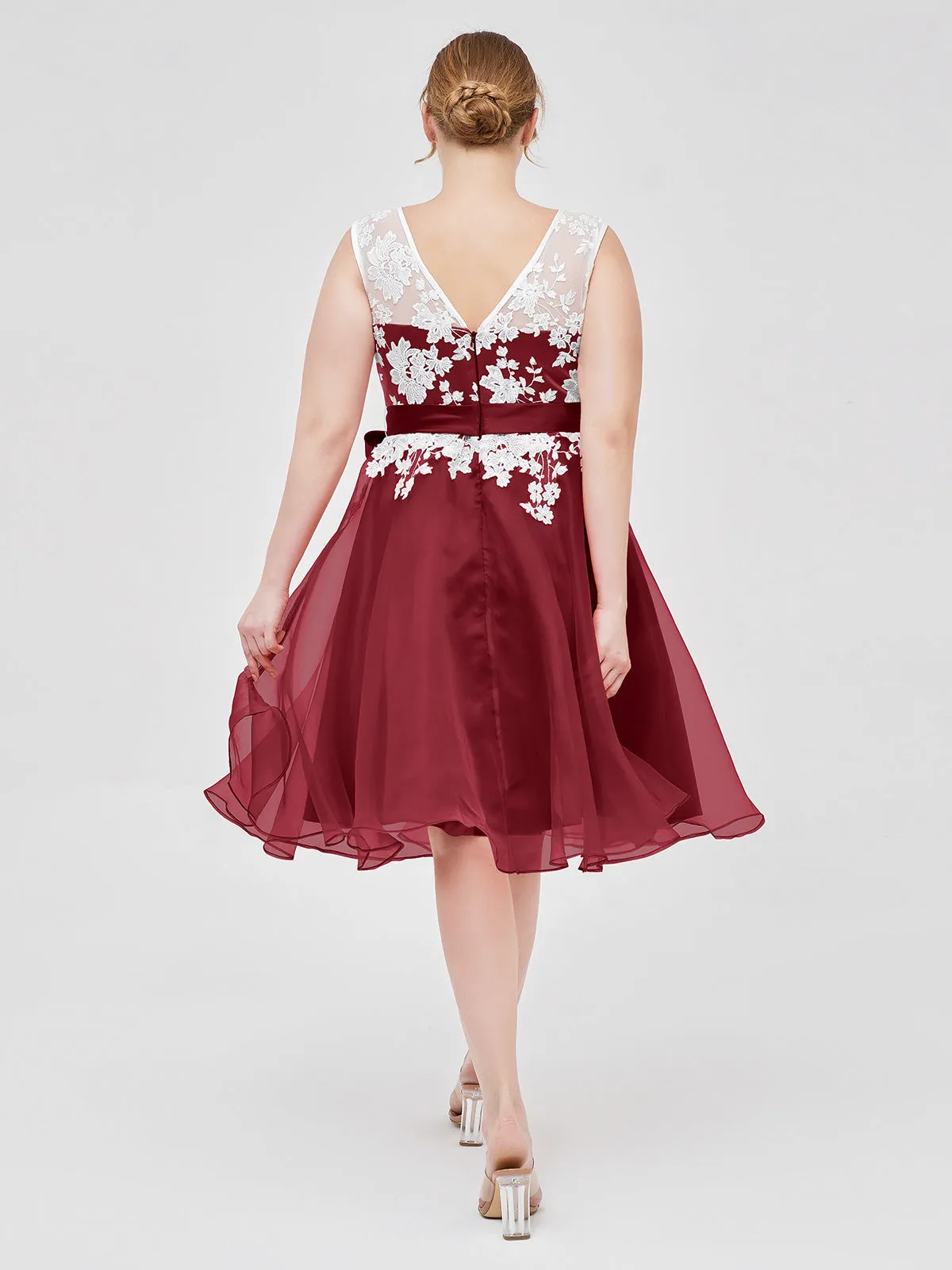 Illusion Neck Organza with Ivory Lace Appliqued Burgundy Plus Size