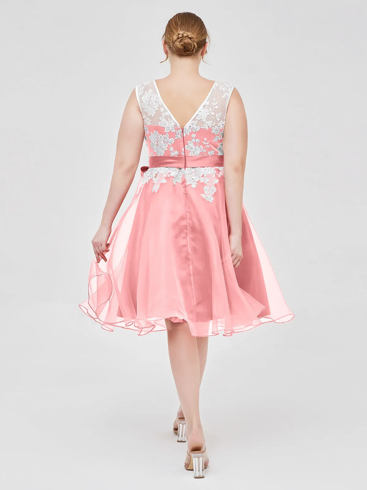 Illusion Neck Organza with Ivory Lace Appliqued Flamingo Plus Size