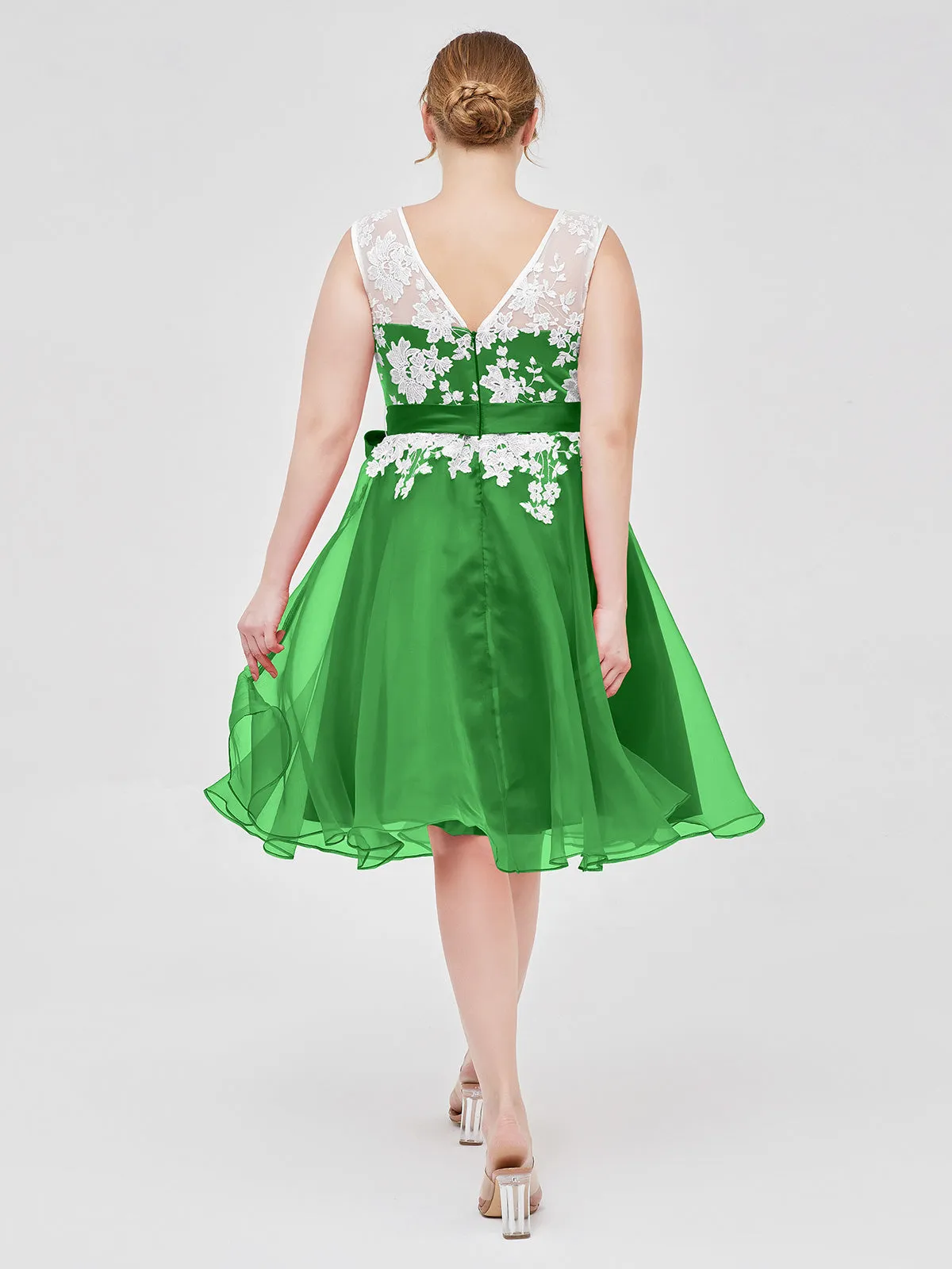 Illusion Neck Organza with Ivory Lace Appliqued Green Plus Size