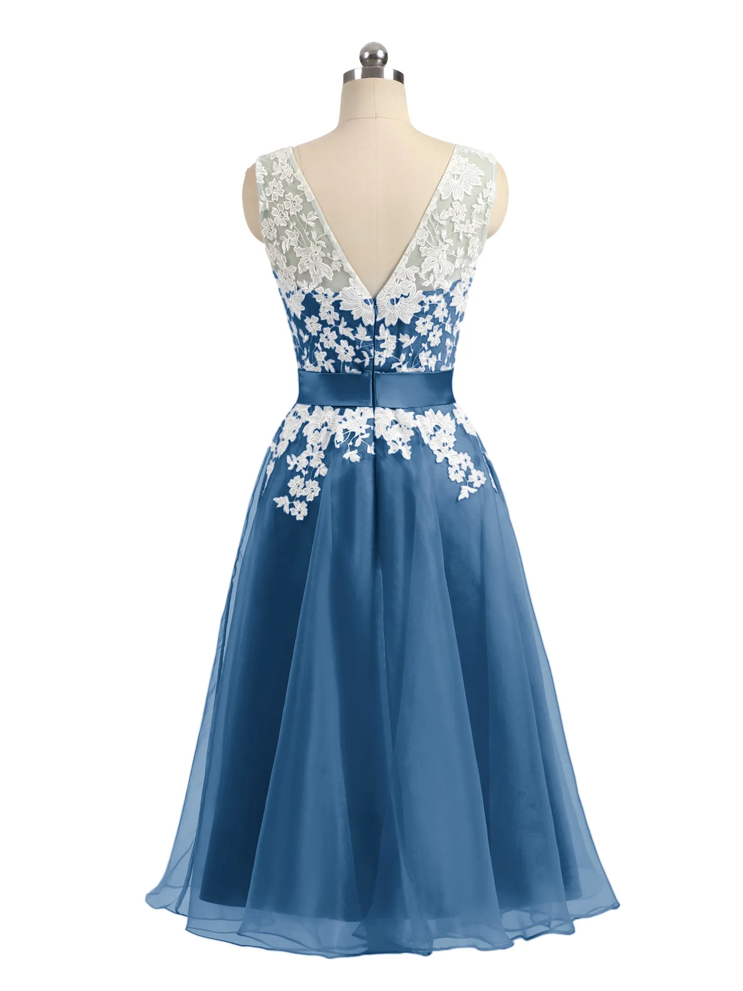 Illusion Neck Organza with Ivory Lace Appliqued Ink Blue Plus Size