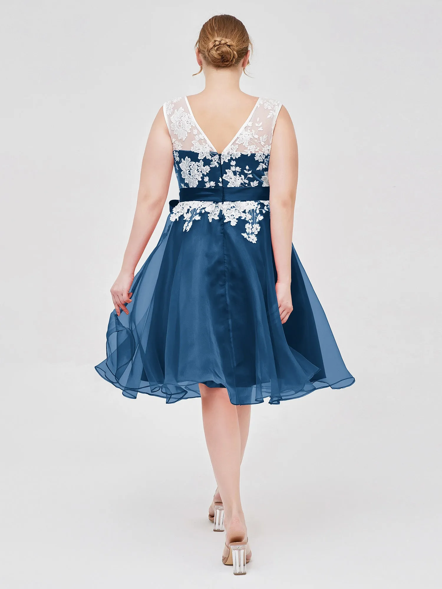 Illusion Neck Organza with Ivory Lace Appliqued Ink Blue Plus Size