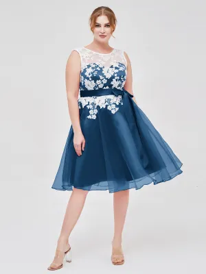 Illusion Neck Organza with Ivory Lace Appliqued Ink Blue Plus Size