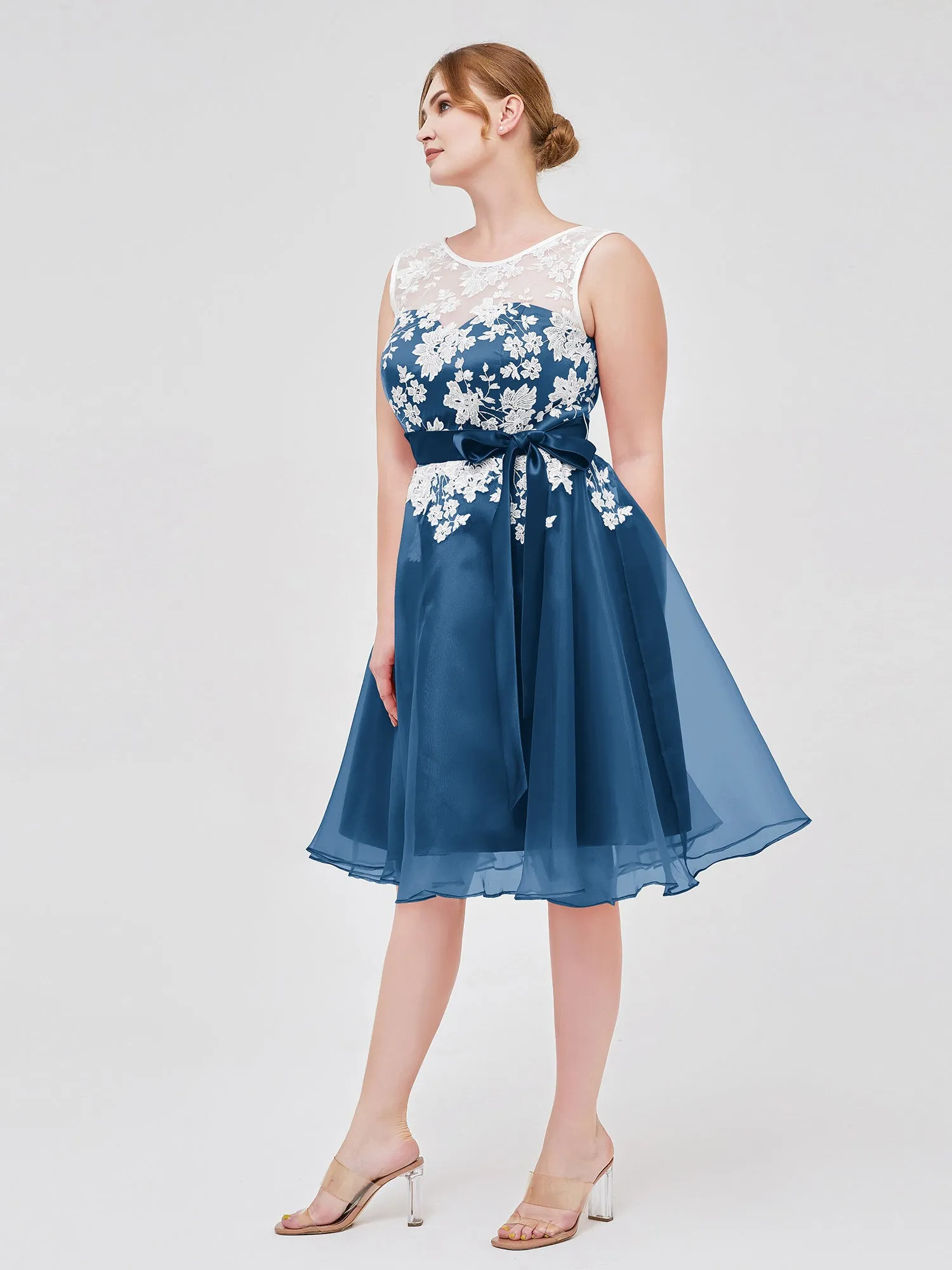 Illusion Neck Organza with Ivory Lace Appliqued Ink Blue Plus Size