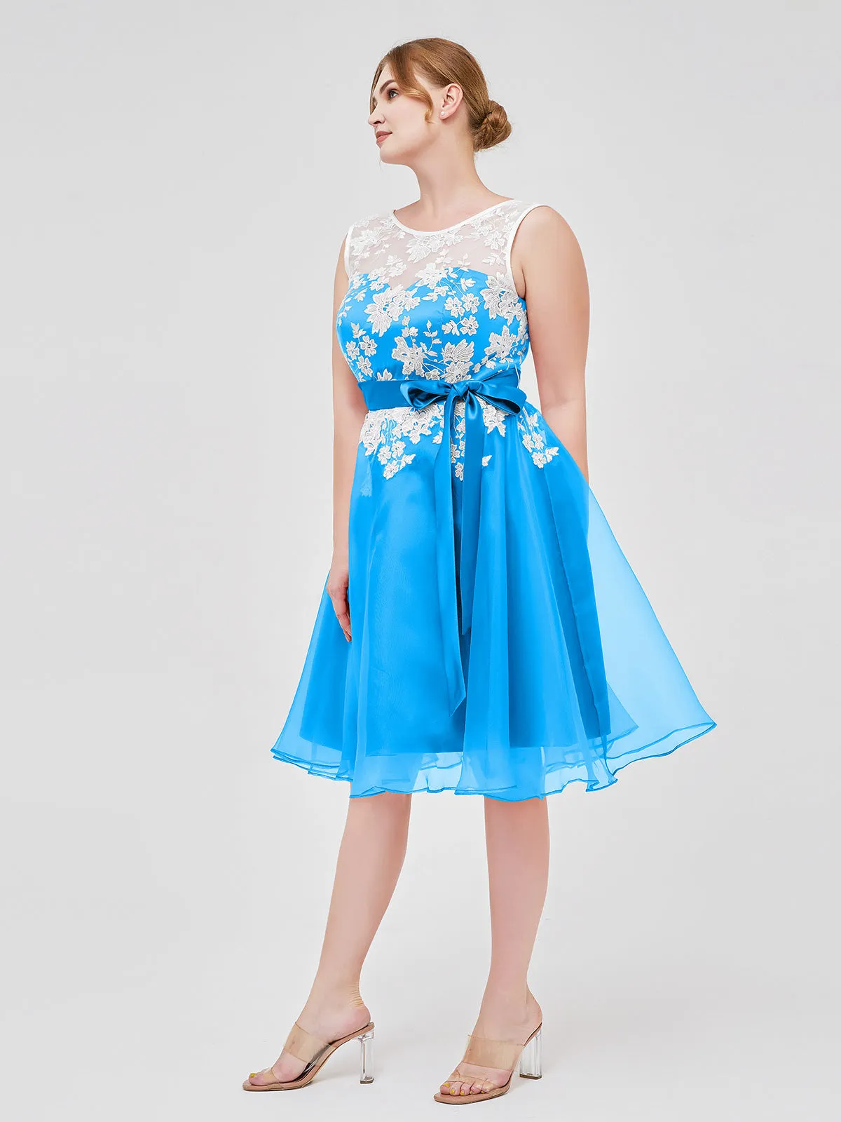 Illusion Neck Organza with Ivory Lace Appliqued Ocean Blue Plus Size