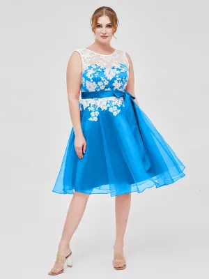 Illusion Neck Organza with Ivory Lace Appliqued Ocean Blue Plus Size