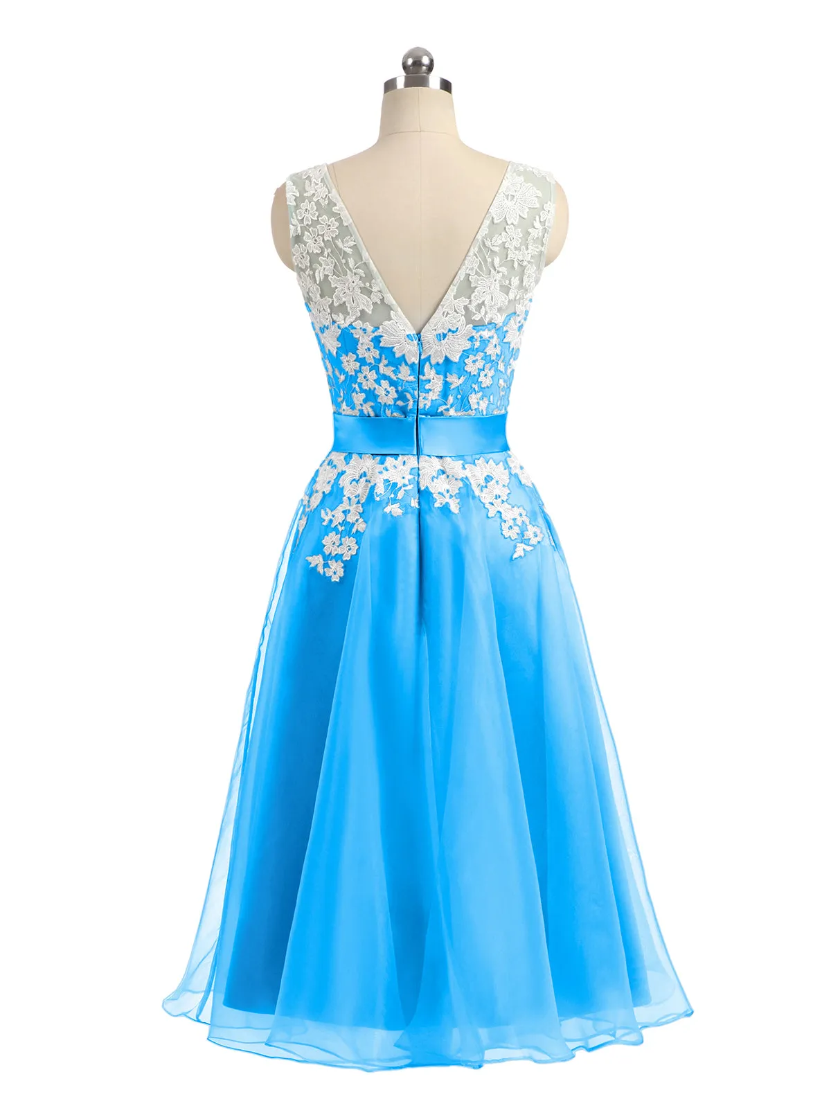 Illusion Neck Organza with Ivory Lace Appliqued Ocean Blue Plus Size