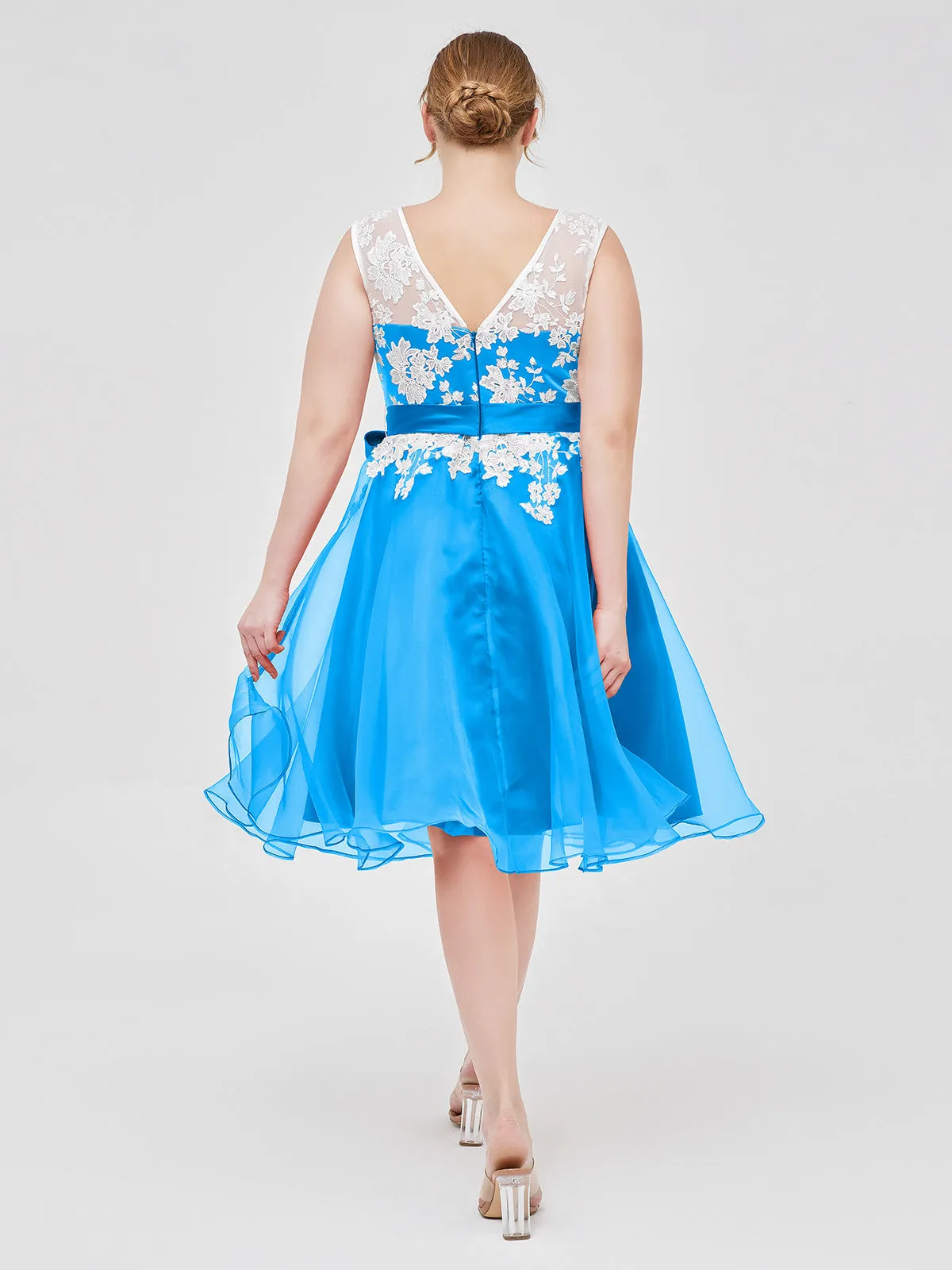 Illusion Neck Organza with Ivory Lace Appliqued Ocean Blue Plus Size