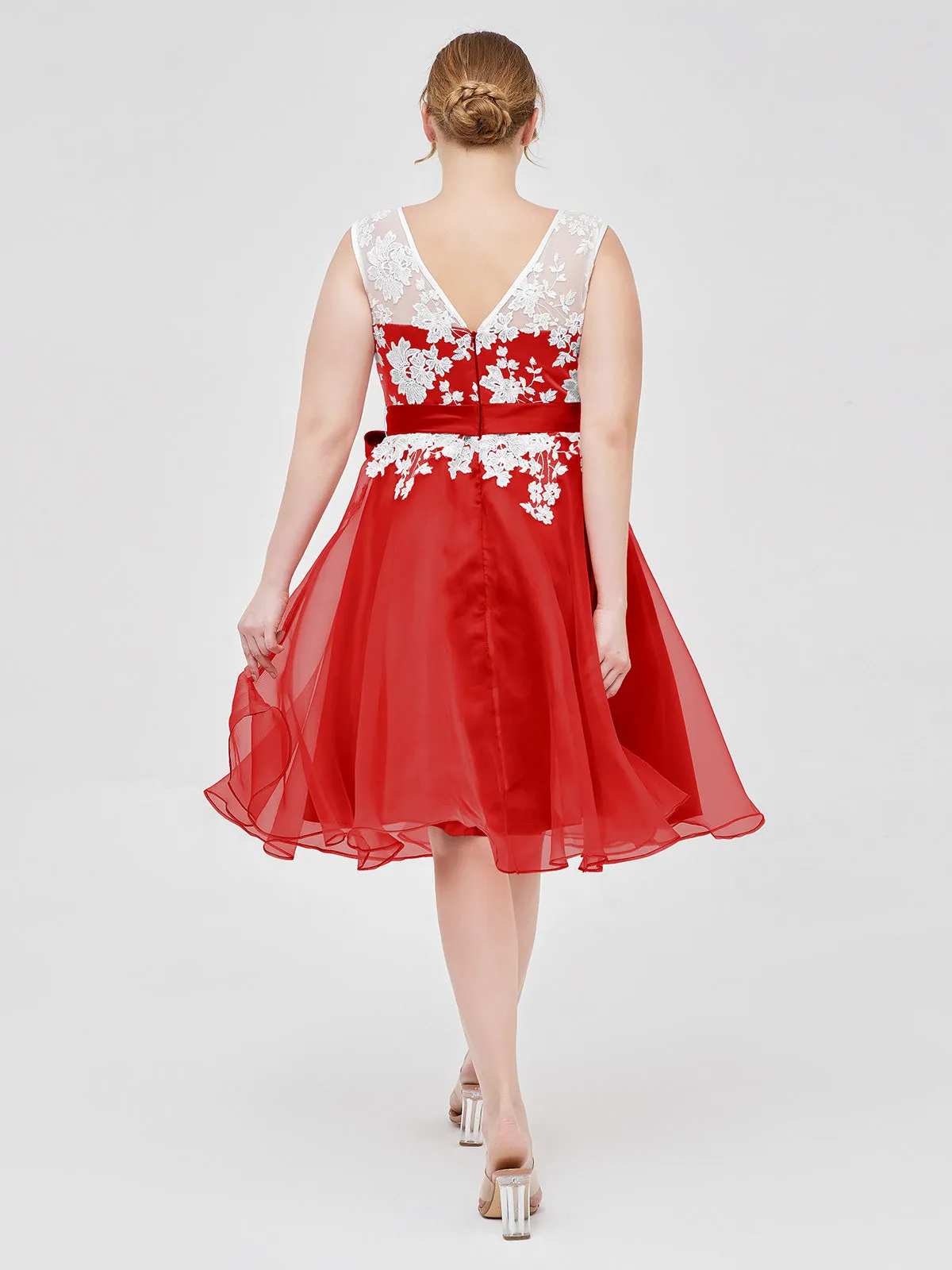 Illusion Neck Organza with Ivory Lace Appliqued Red