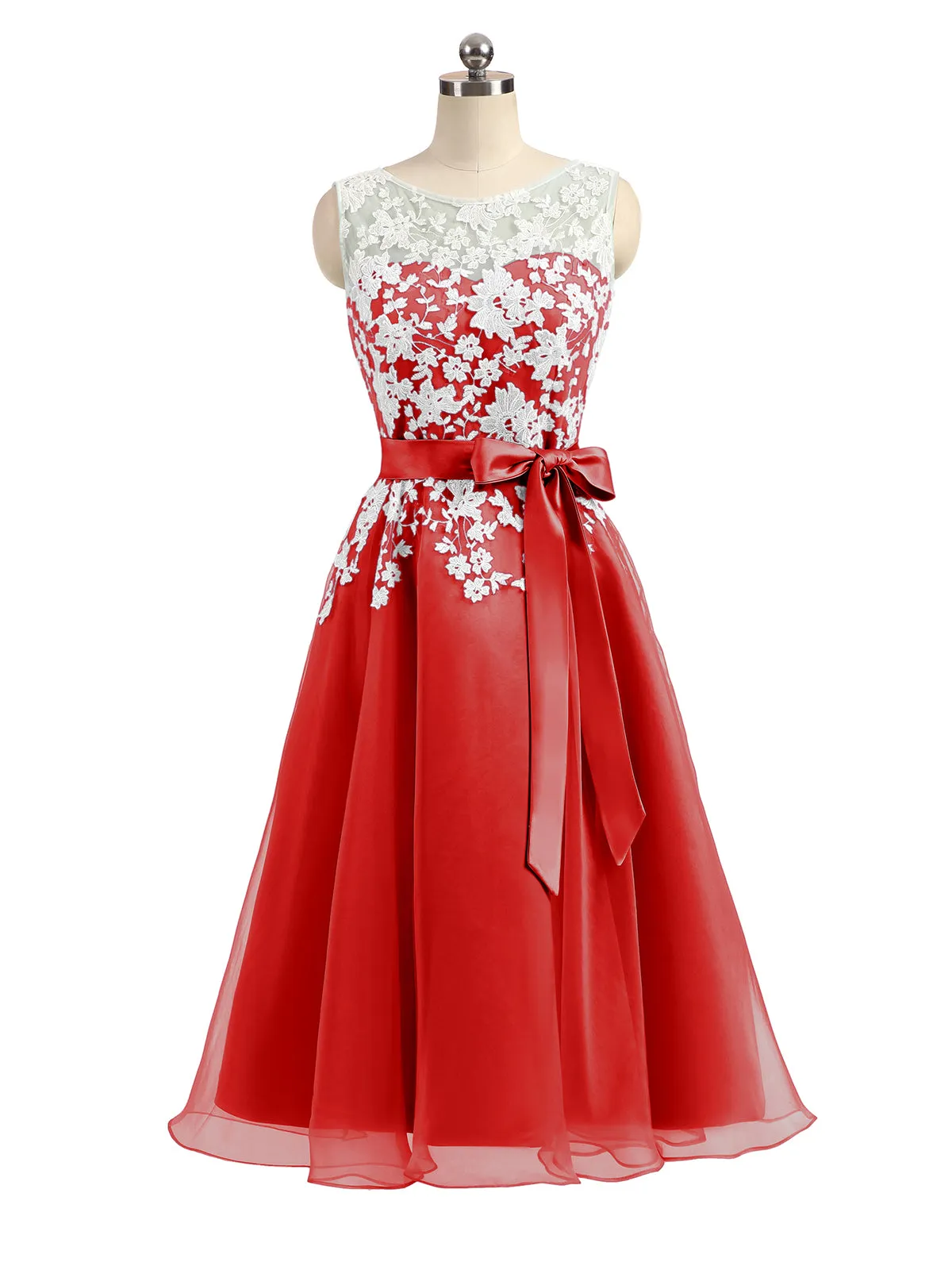 Illusion Neck Organza with Ivory Lace Appliqued Red