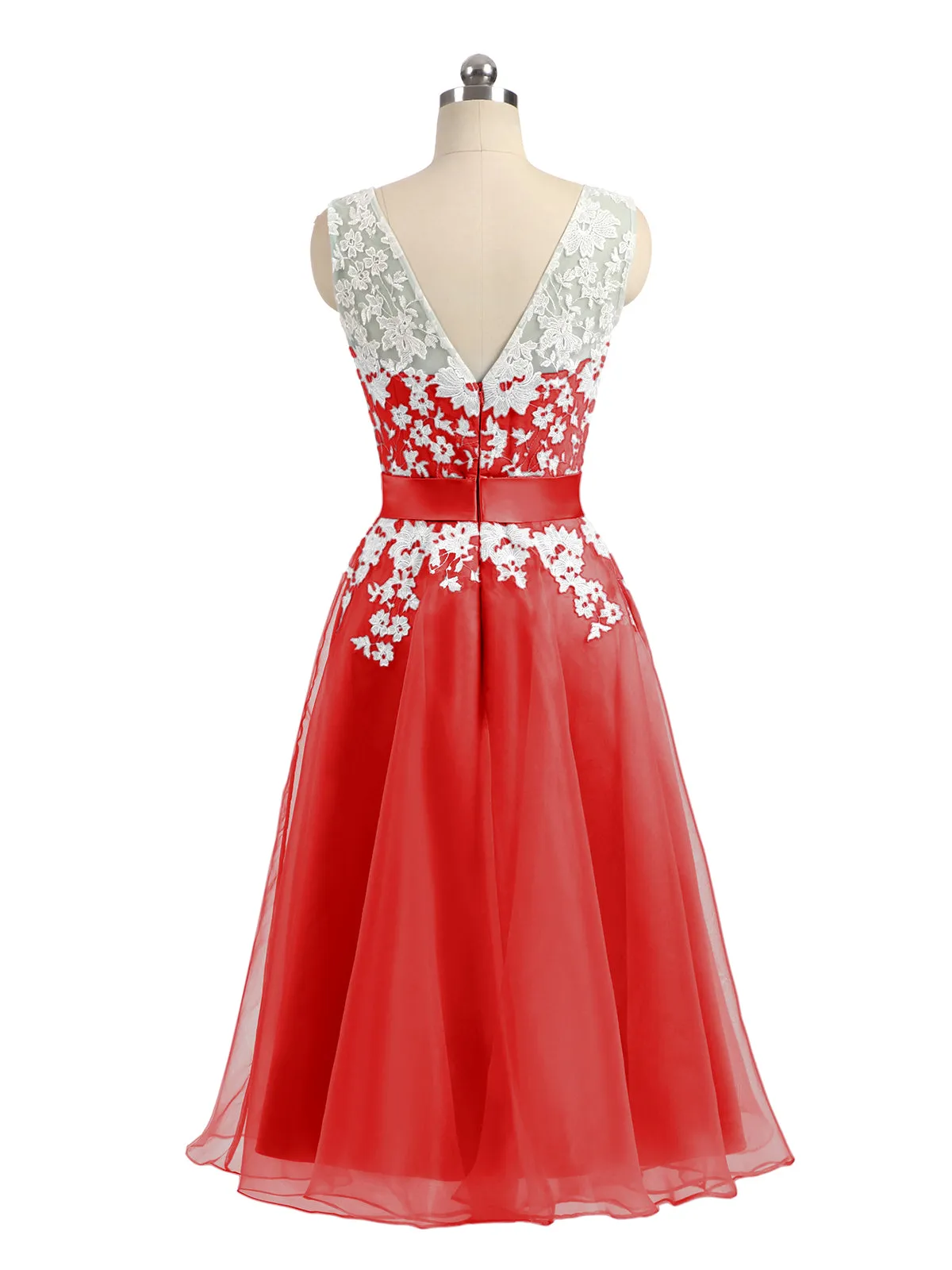 Illusion Neck Organza with Ivory Lace Appliqued Red