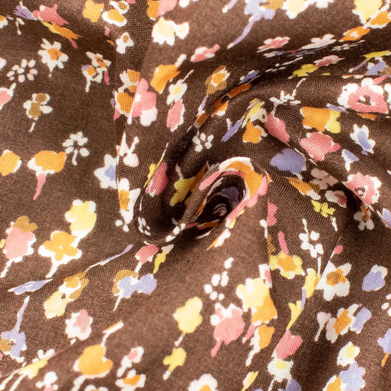 Japanese Pure Cotton Lawn Prints Design-162 Yellow & Orange Mini Florals on Brown