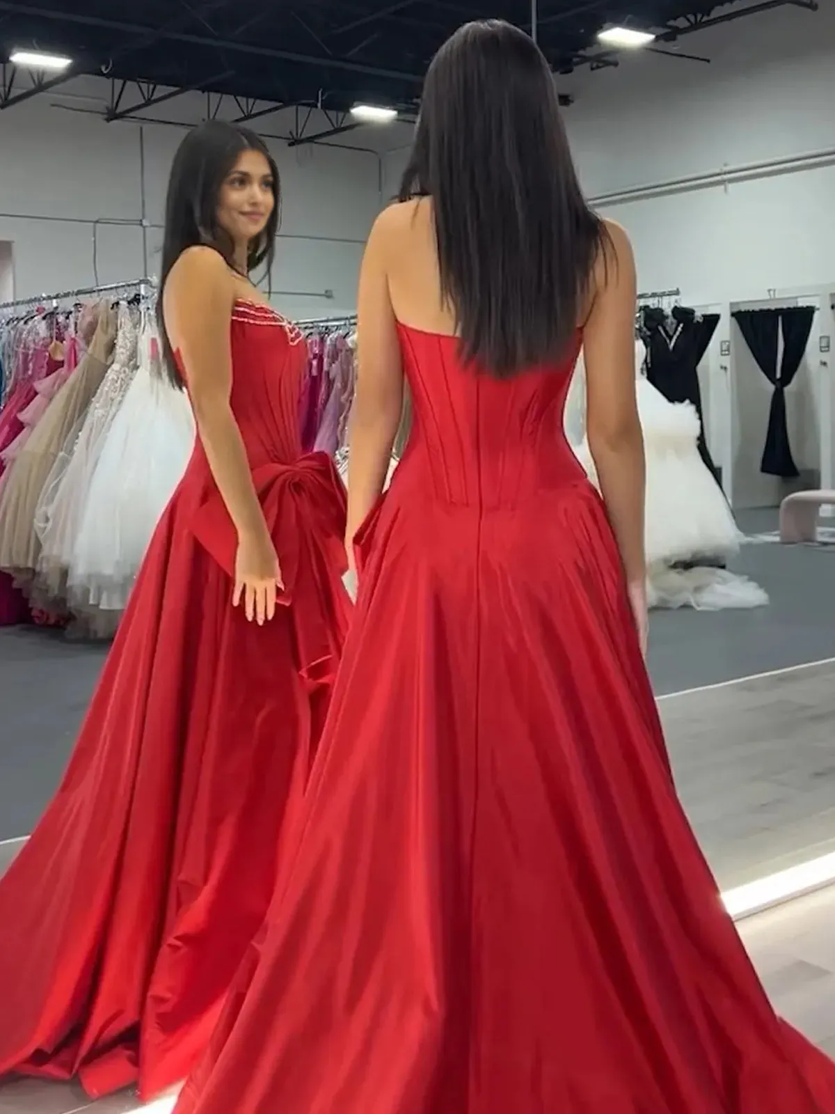 Jhenee | Trendy Red Strapless A-Line Satin Long Corset Prom Dress with Bow