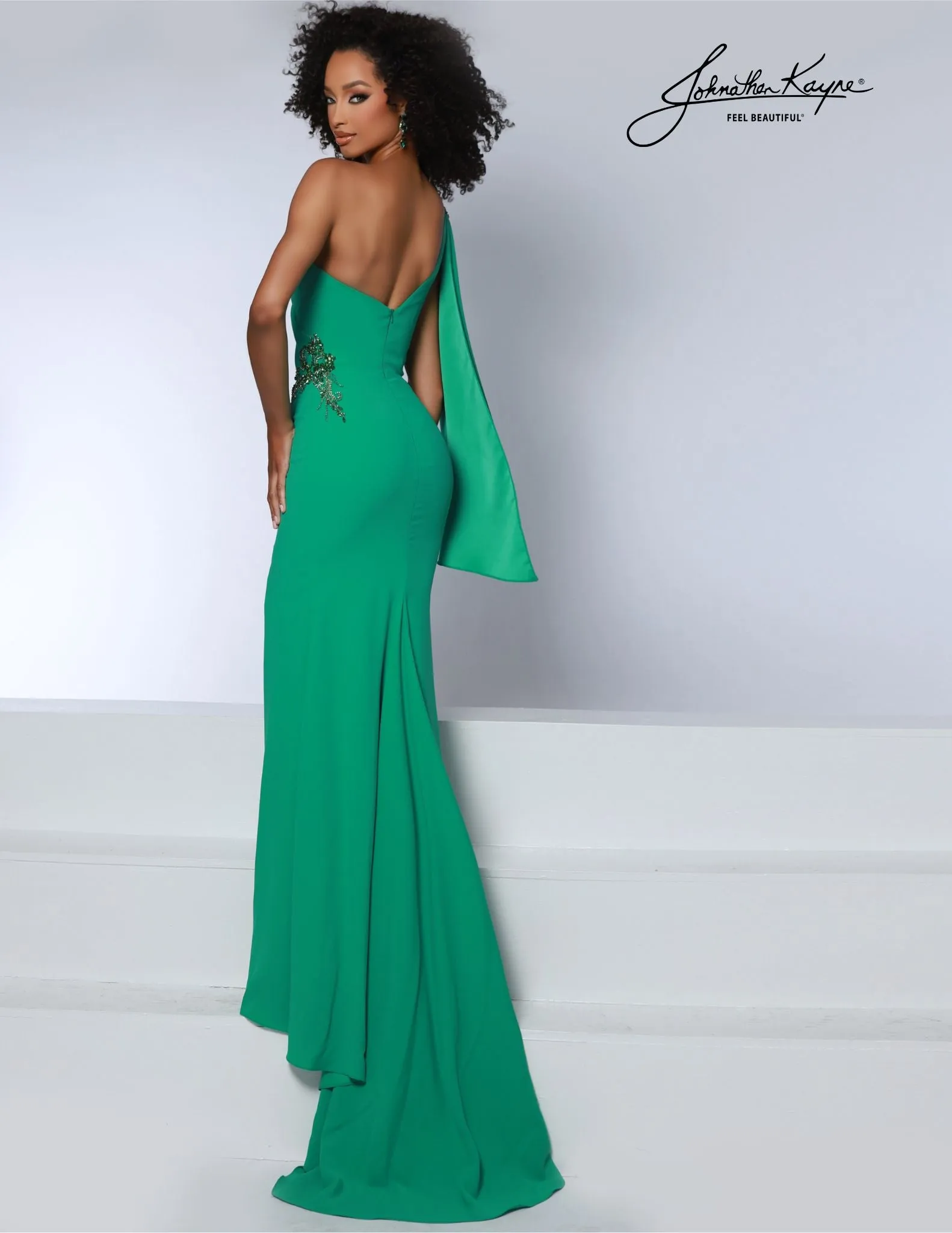 Johnathan Kayne 2864 Long Prom Dress One Shoulder Crepe Encrusted Crystals Slit Tail Formal Pageant Gown