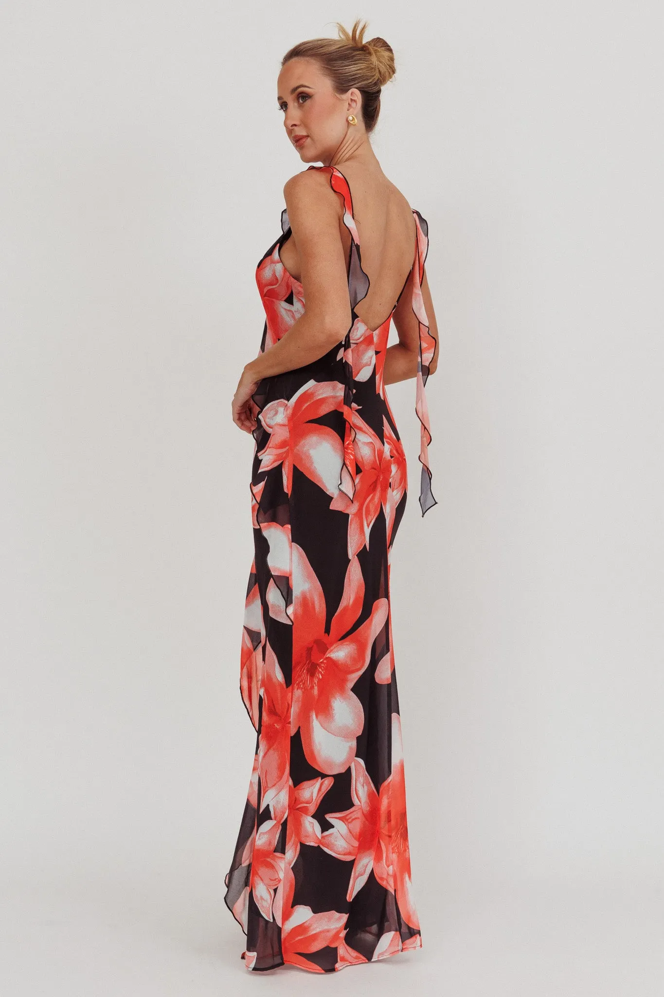 Joyride Floral Ruffle Maxi Dress Black/Red