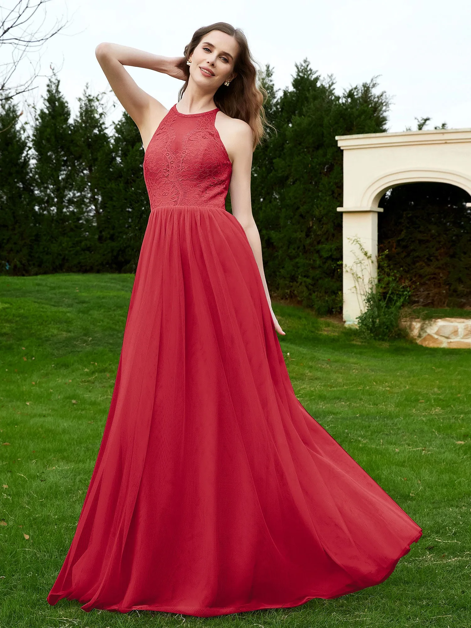 Lace Tulle Bridesmaid Gown Halter Neckline Burgundy Plus Size