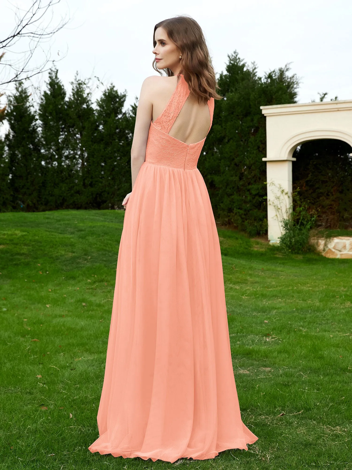 Lace Tulle Bridesmaid Gown Halter Neckline Coral Plus Size