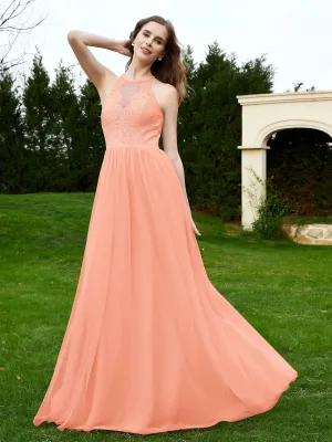 Lace Tulle Bridesmaid Gown Halter Neckline Coral Plus Size