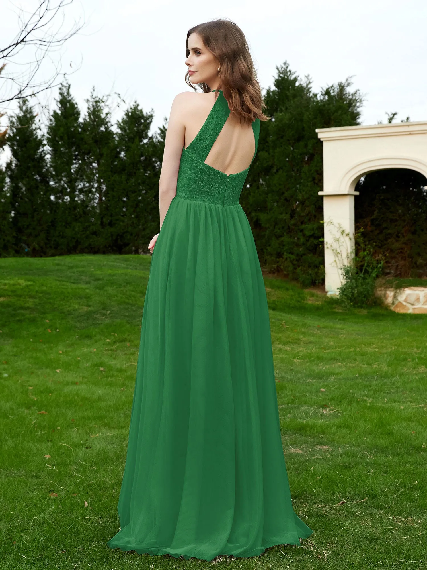 Lace Tulle Bridesmaid Gown Halter Neckline Emerald Plus Size