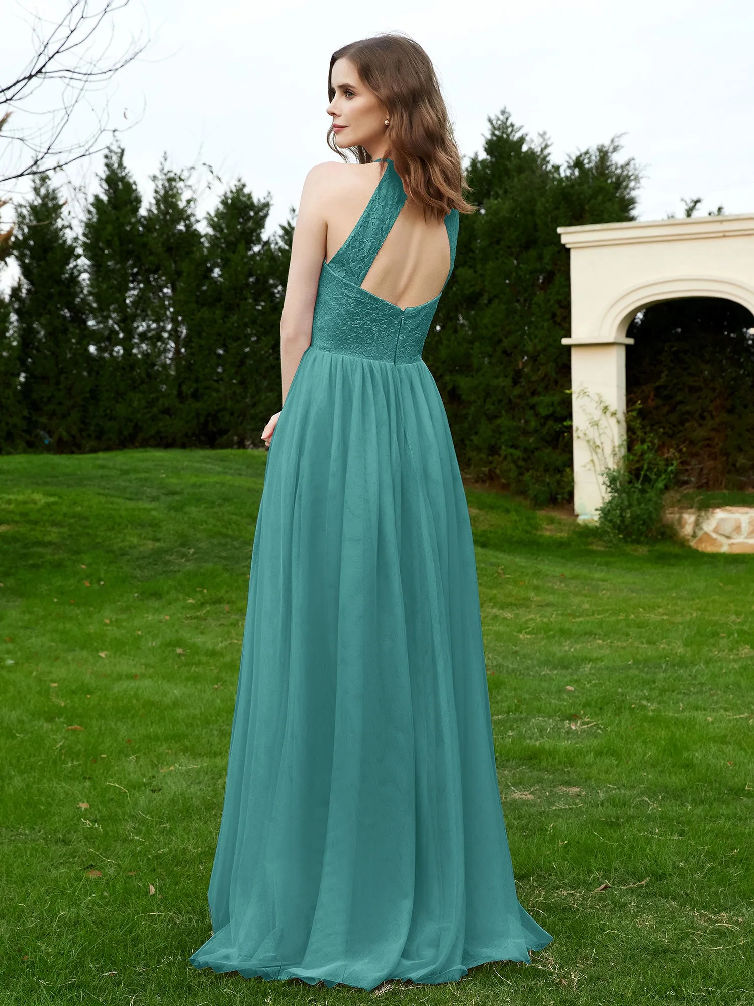 Lace Tulle Bridesmaid Gown Halter Neckline Jade