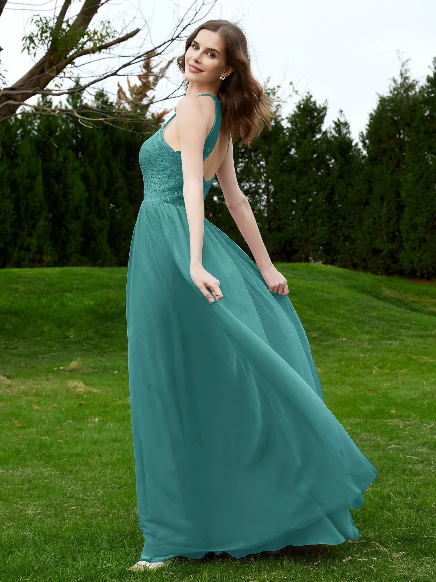 Lace Tulle Bridesmaid Gown Halter Neckline Jade