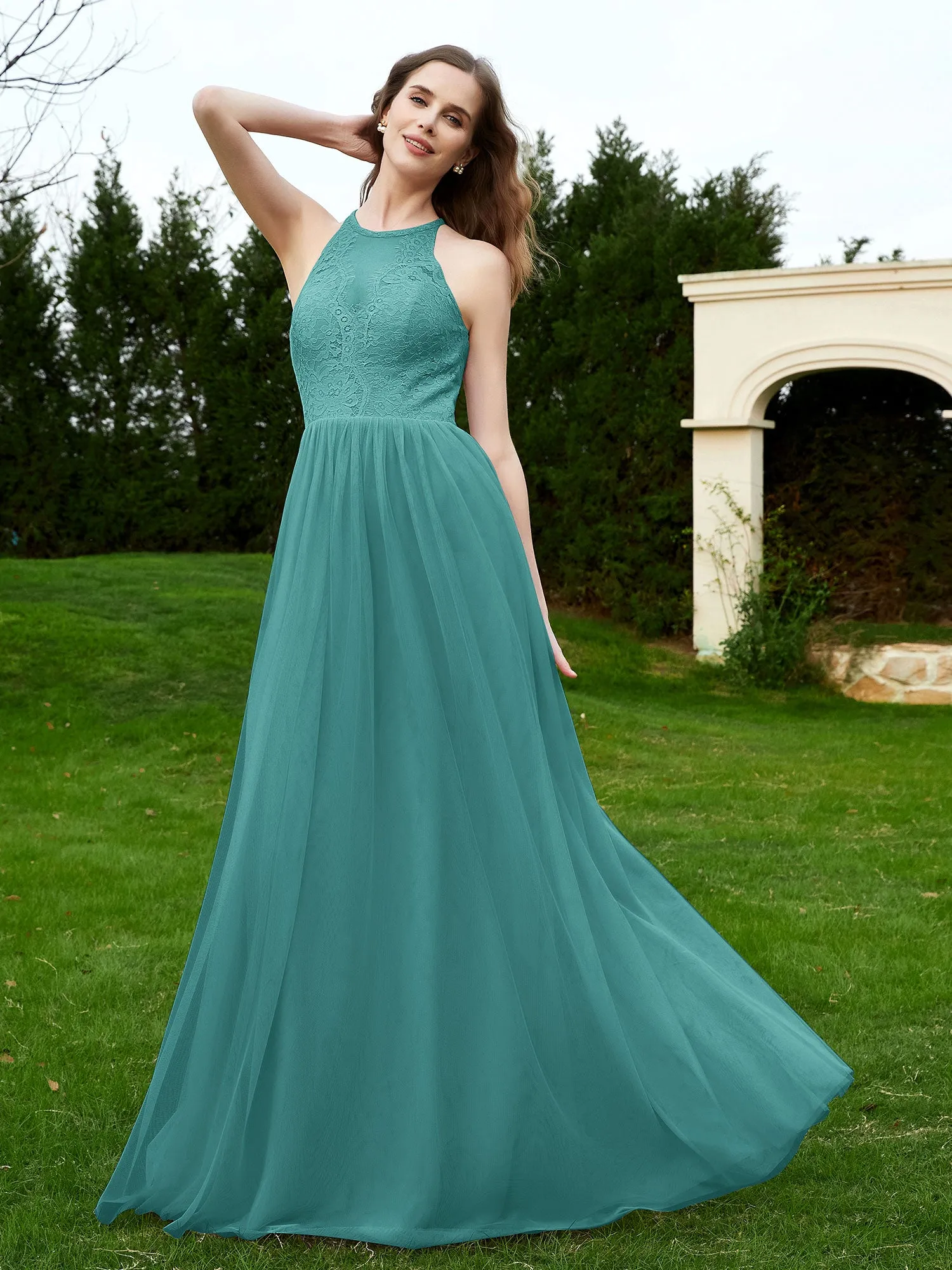 Lace Tulle Bridesmaid Gown Halter Neckline Jade