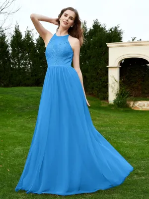 Lace Tulle Bridesmaid Gown Halter Neckline Ocean Blue