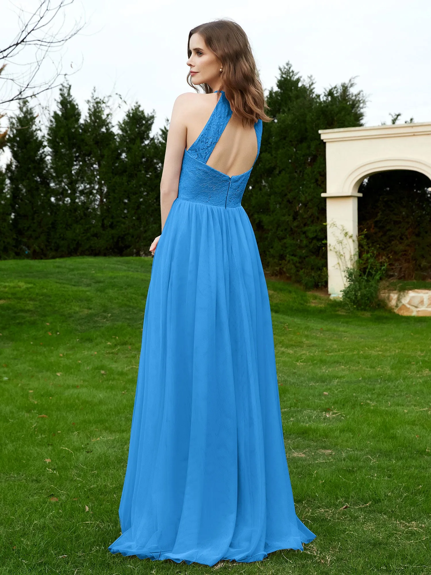 Lace Tulle Bridesmaid Gown Halter Neckline Ocean Blue