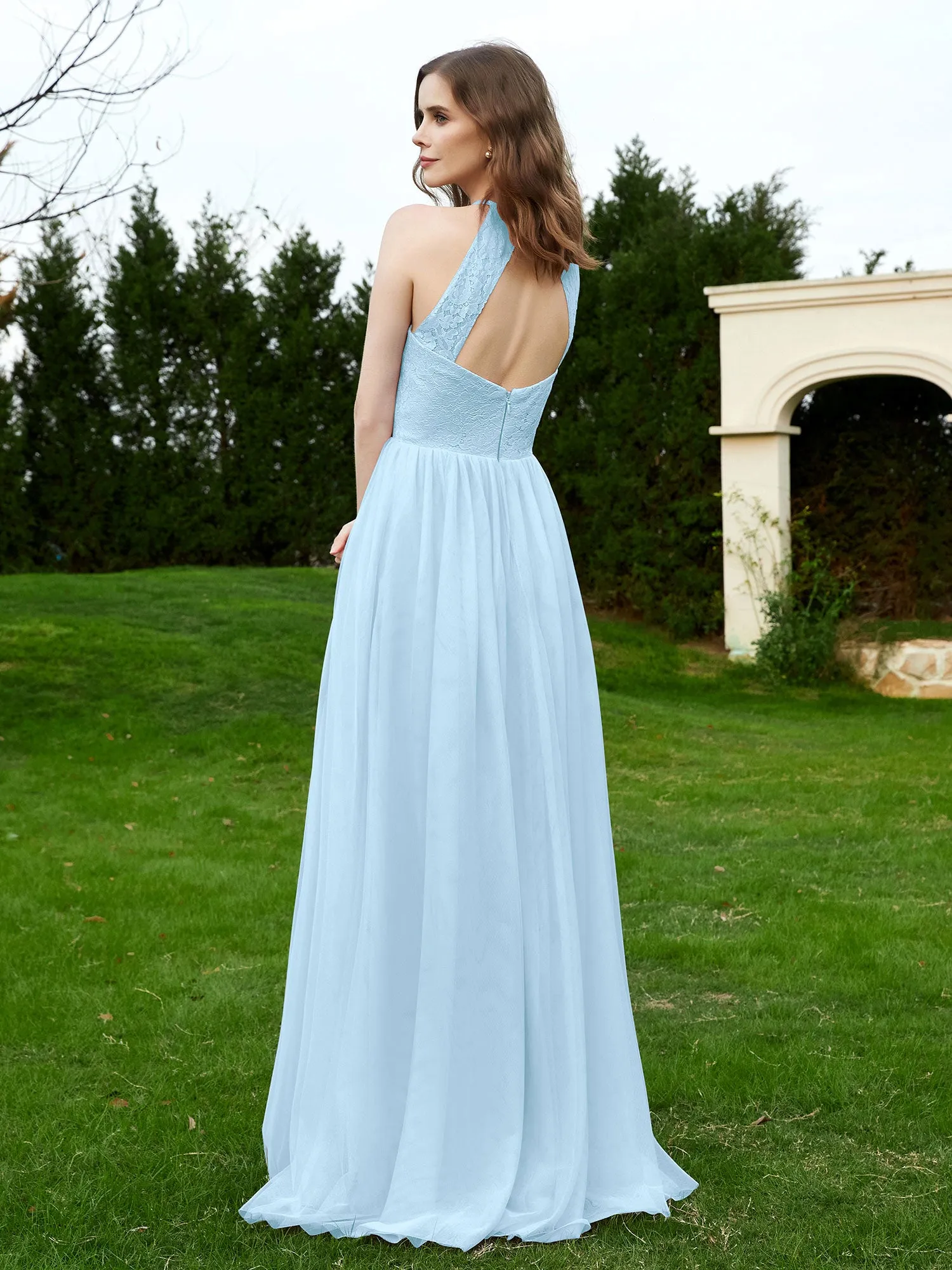 Lace Tulle Bridesmaid Gown Halter Neckline Sky Blue