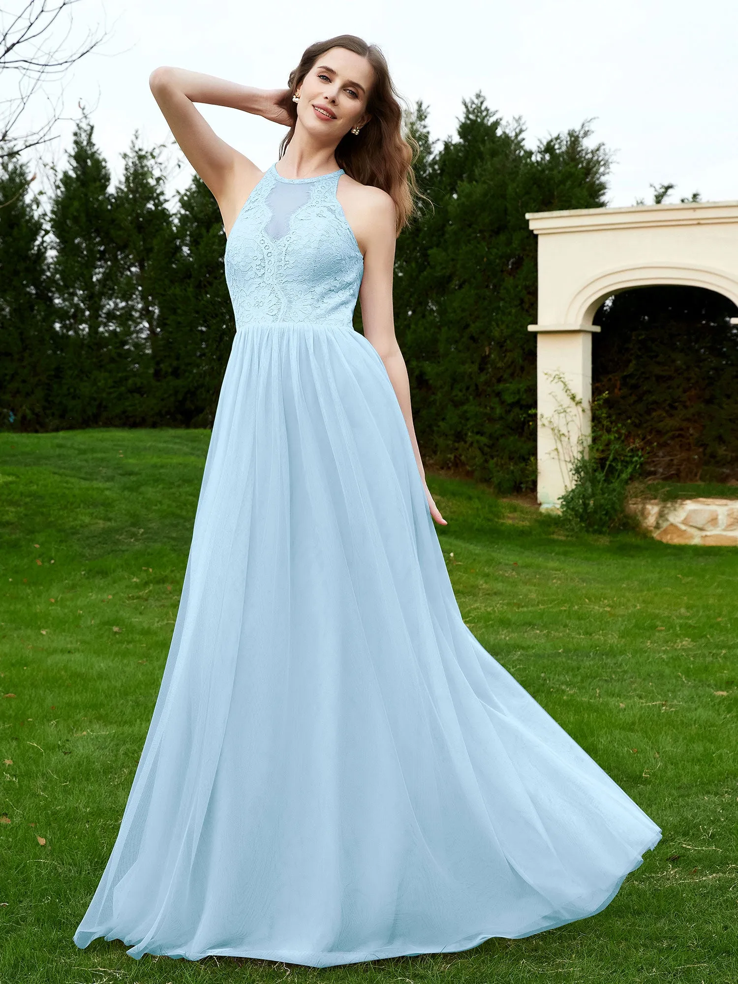 Lace Tulle Bridesmaid Gown Halter Neckline Sky Blue