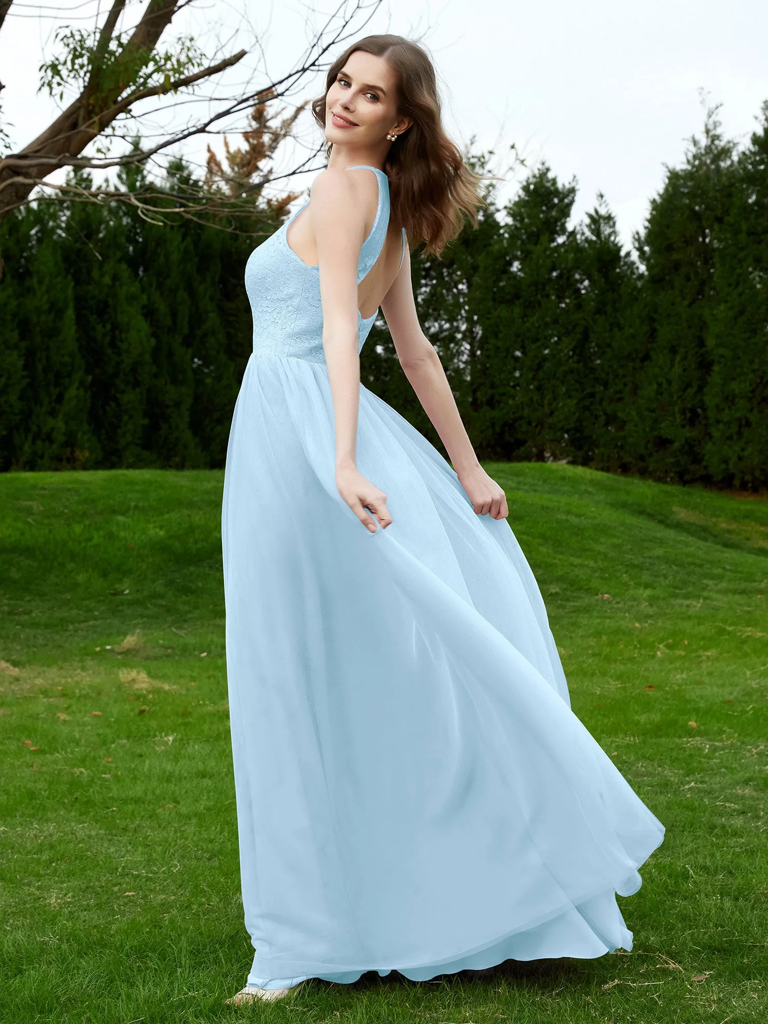 Lace Tulle Bridesmaid Gown Halter Neckline Sky Blue