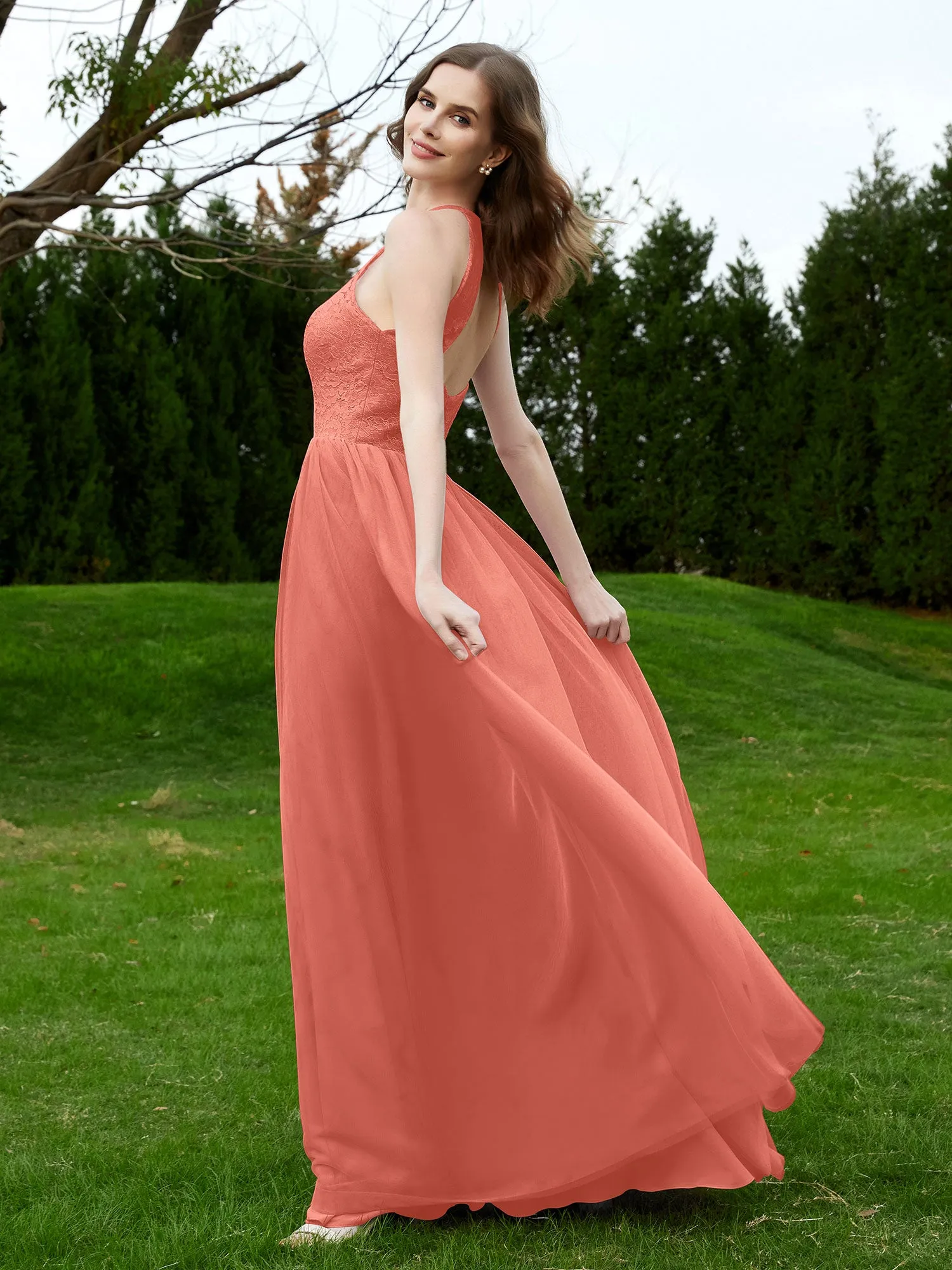 Lace Tulle Bridesmaid Gown Halter Neckline Sunset