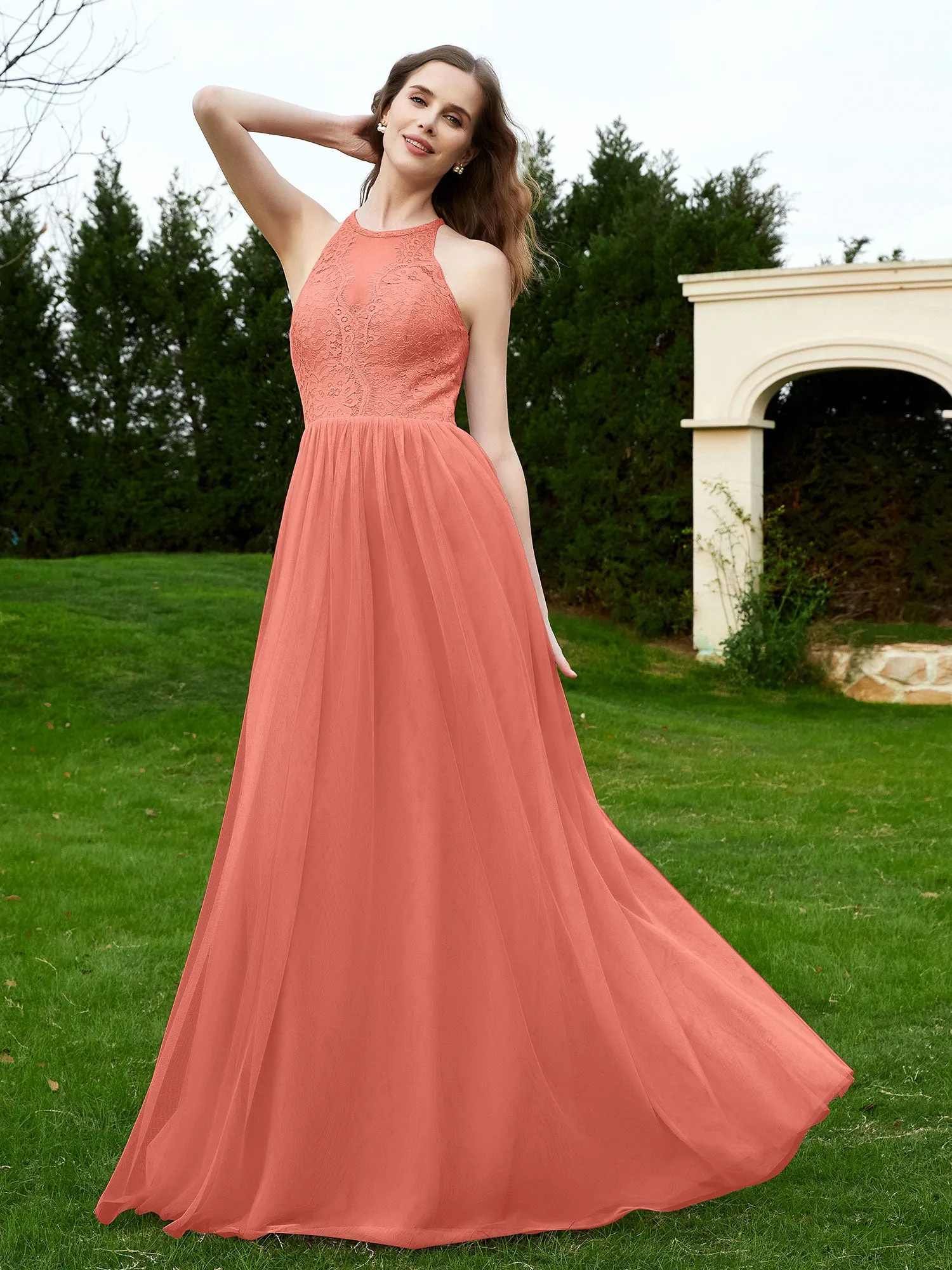 Lace Tulle Bridesmaid Gown Halter Neckline Sunset