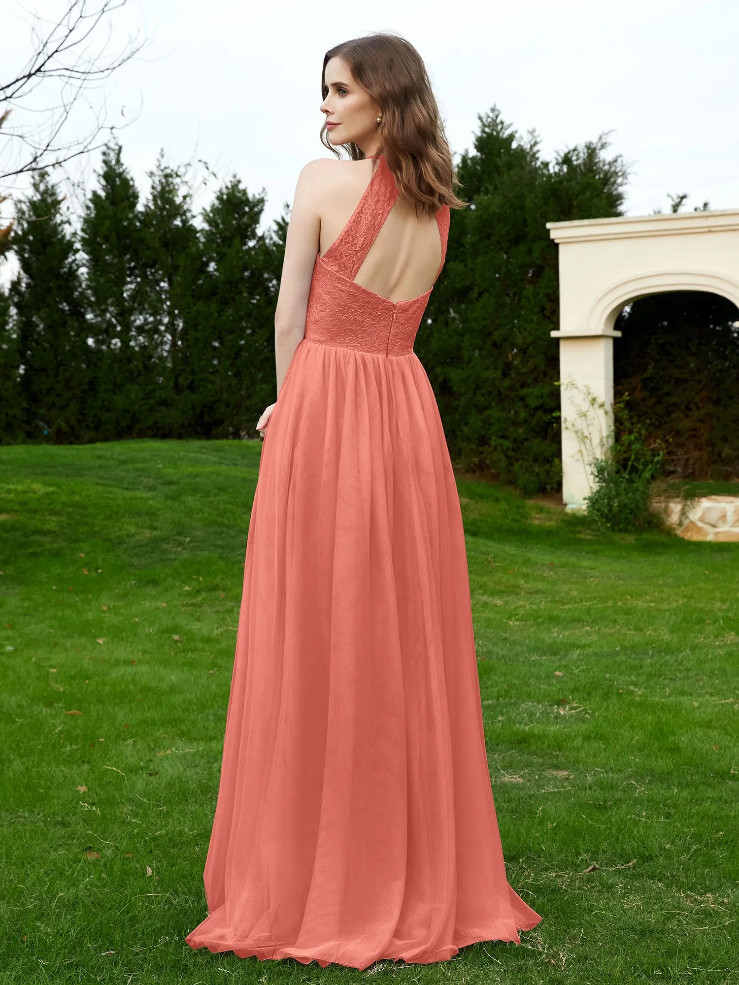 Lace Tulle Bridesmaid Gown Halter Neckline Sunset