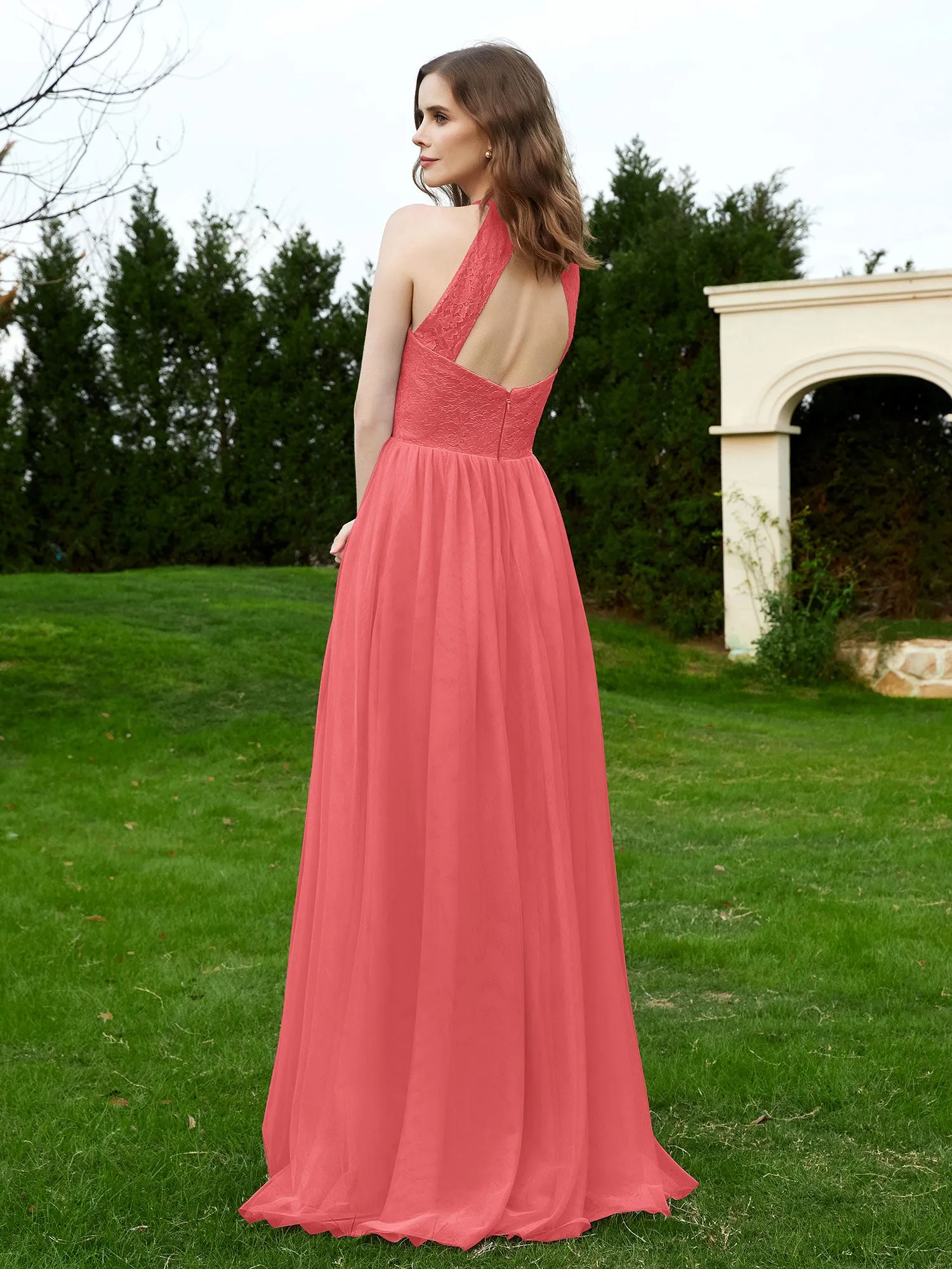 Lace Tulle Bridesmaid Gown Halter Neckline Watermelon