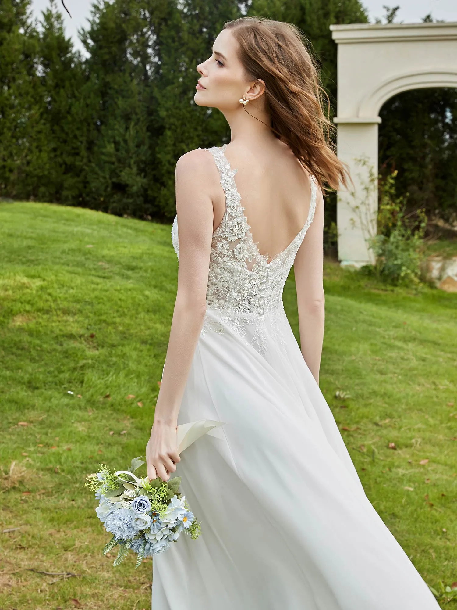 Lace V-neck Chiffon Wedding Dress With Slit Champagne