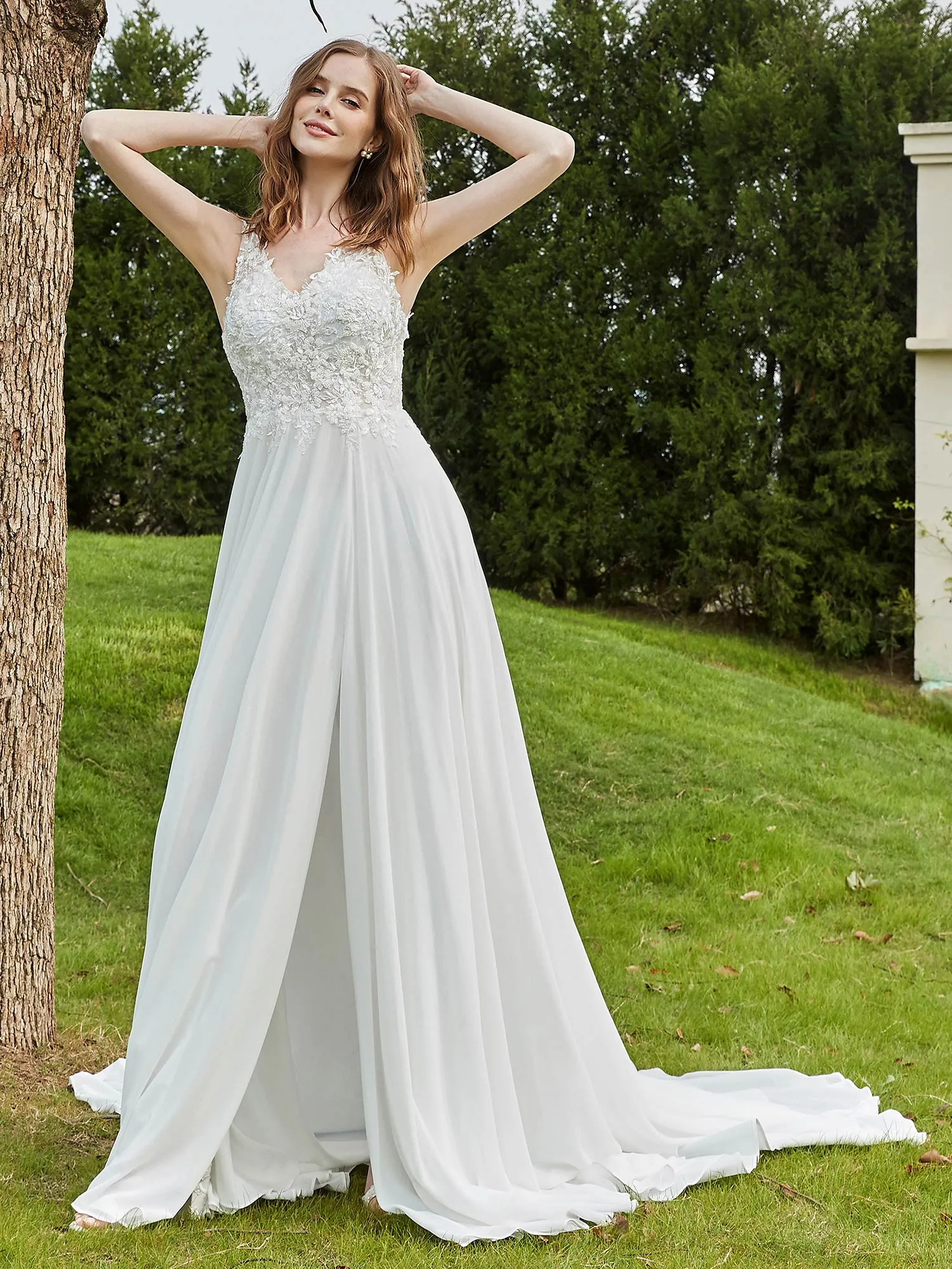 Lace V-neck Chiffon Wedding Dress With Slit Champagne