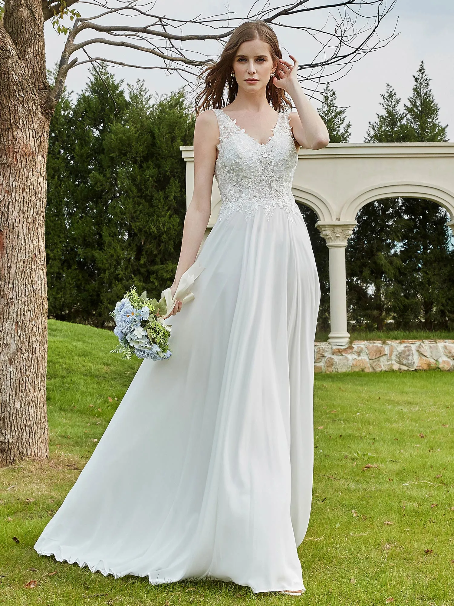 Lace V-neck Chiffon Wedding Dress With Slit Champagne