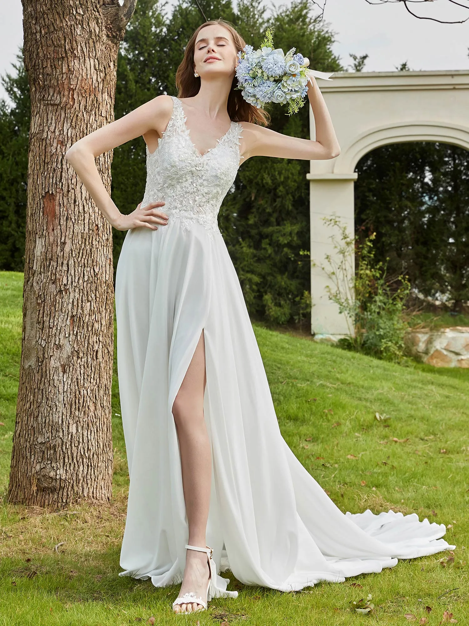 Lace V-neck Chiffon Wedding Dress With Slit Champagne