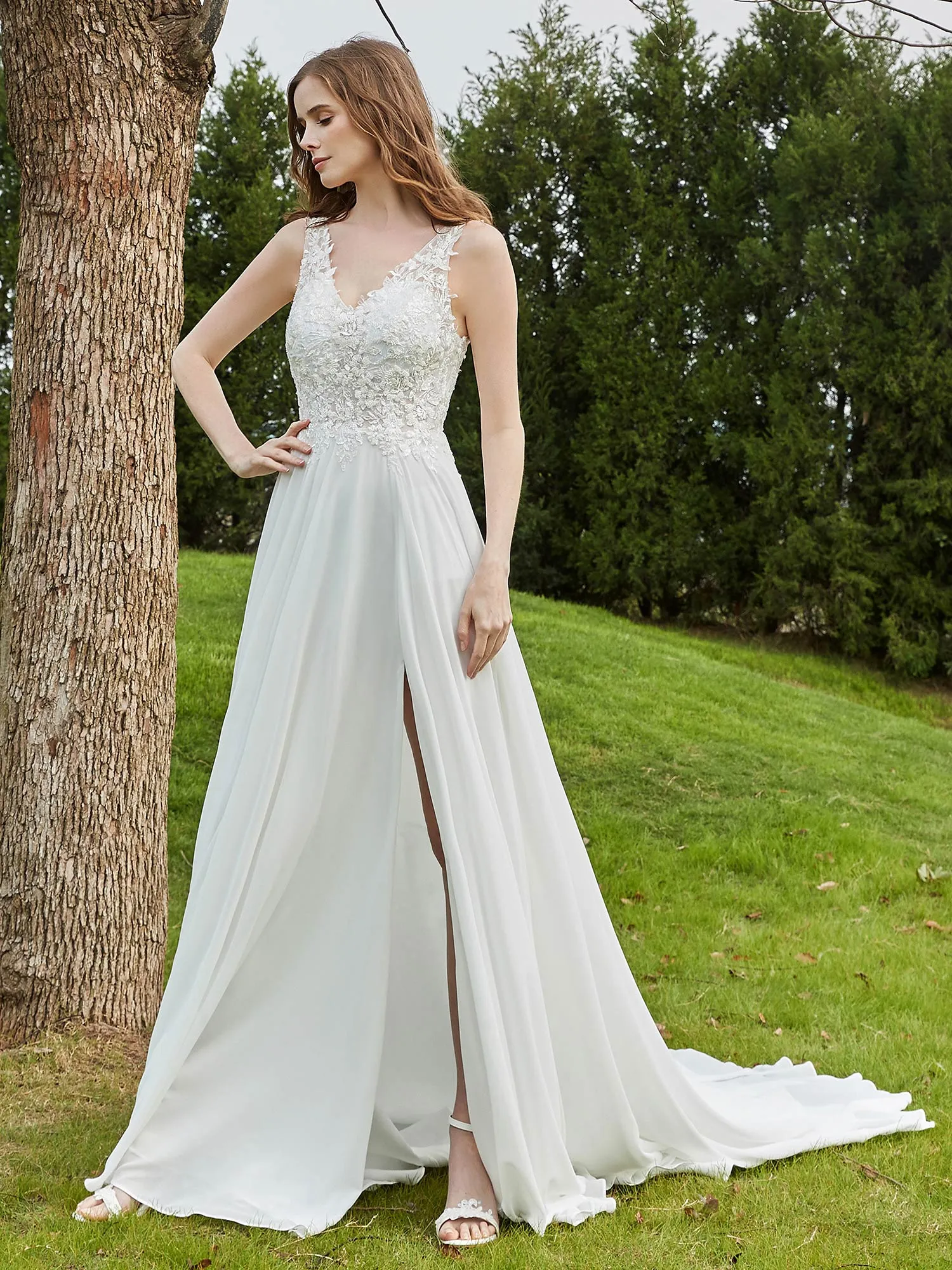 Lace V-neck Chiffon Wedding Dress With Slit Champagne