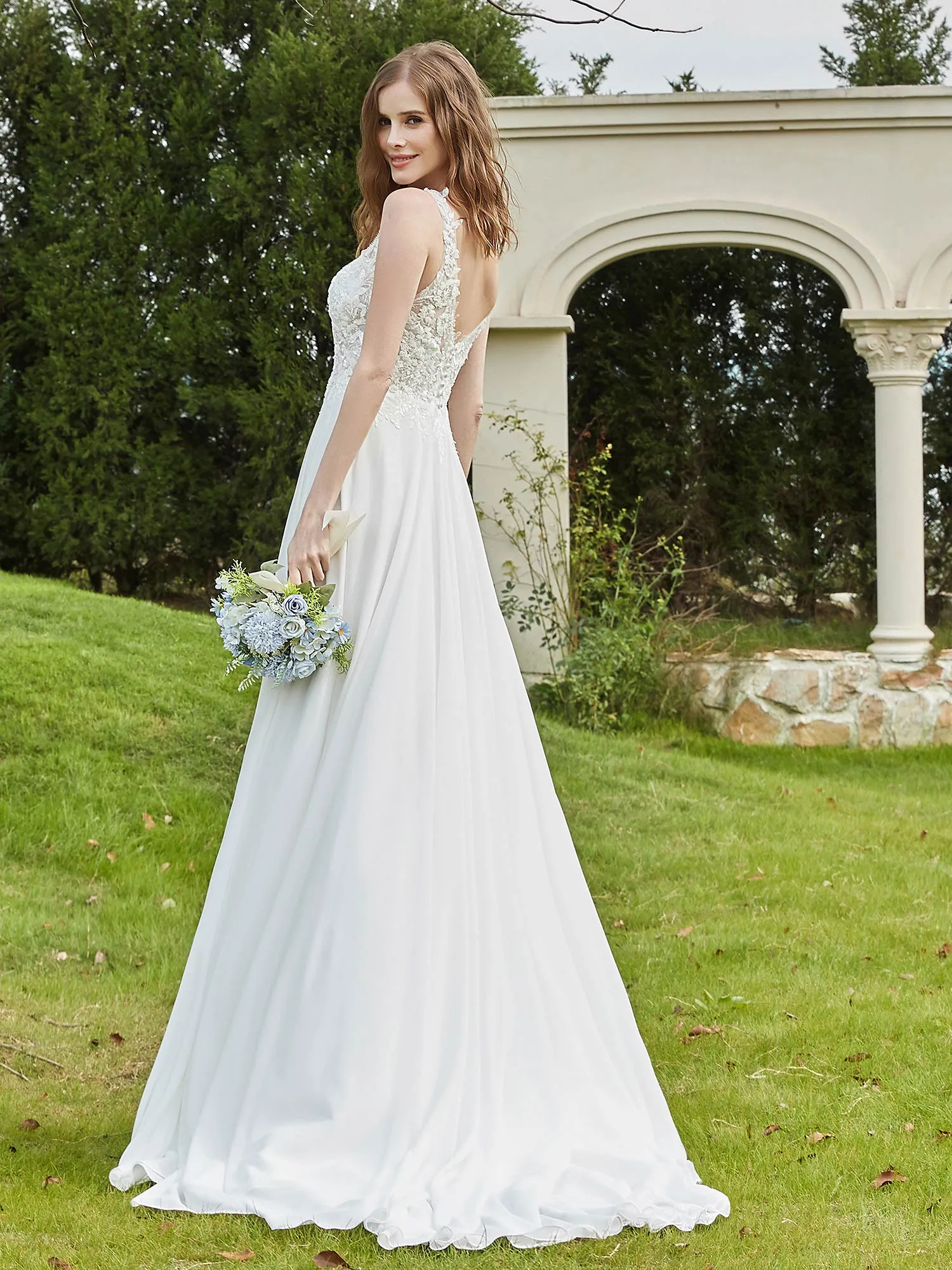 Lace V-neck Chiffon Wedding Dress With Slit Ivory