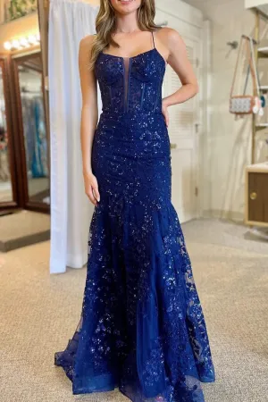 Lance | Blue Sequin Lace Spaghetti Strap Mermaid Long Formal Dress