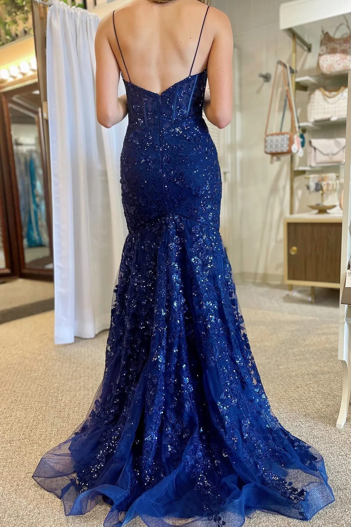 Lance | Blue Sequin Lace Spaghetti Strap Mermaid Long Formal Dress