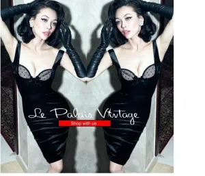 Le Palais vintage retro pinup sexy black velvet low cut bustier sweetheart neckline pencil lbd dress- Key