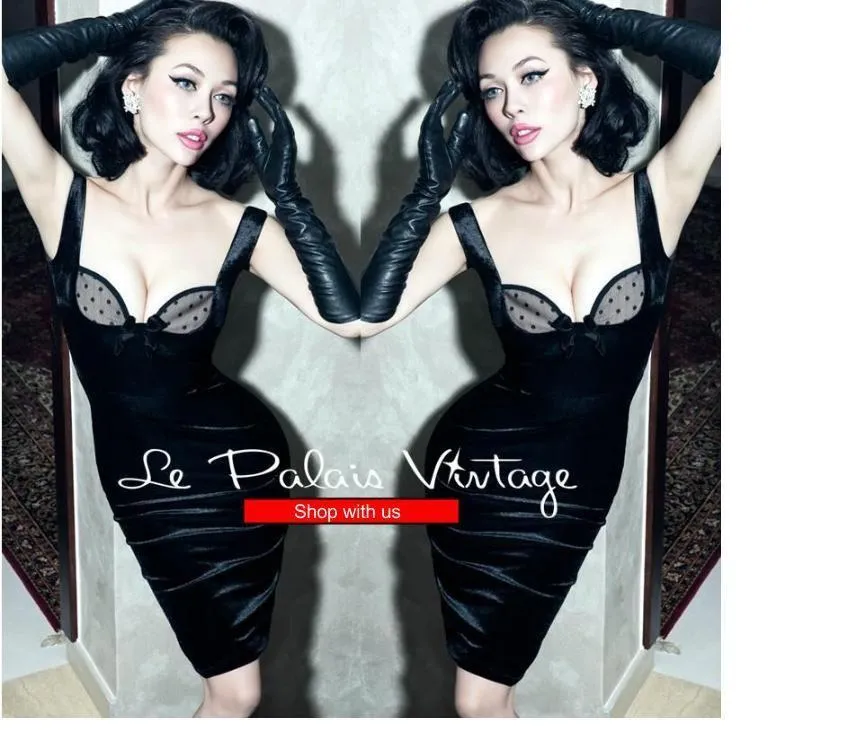 Le Palais vintage retro pinup sexy black velvet low cut bustier sweetheart neckline pencil lbd dress- Key