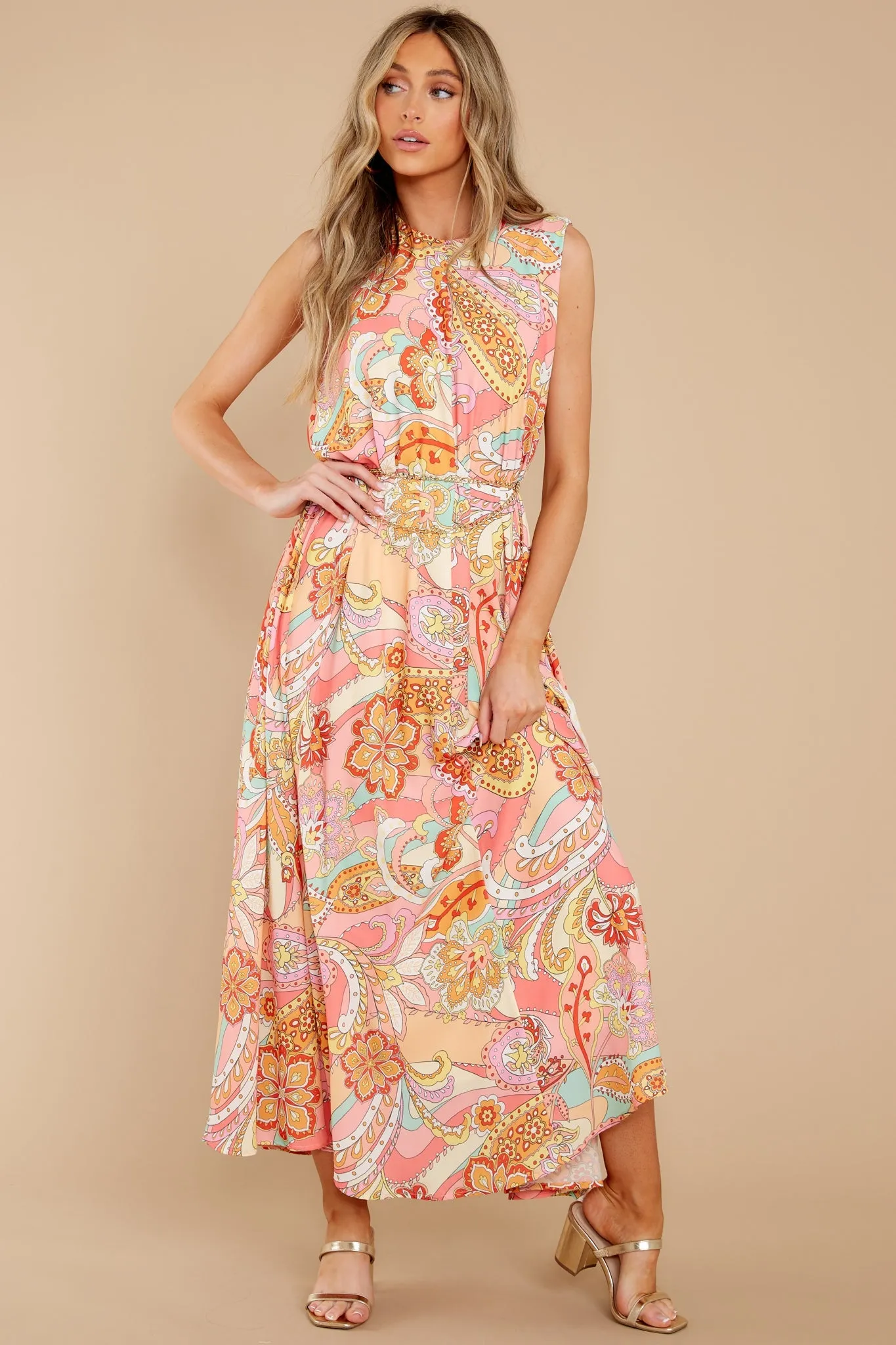 Like Fine Art Peach Pink Multi Print Maxi Dress