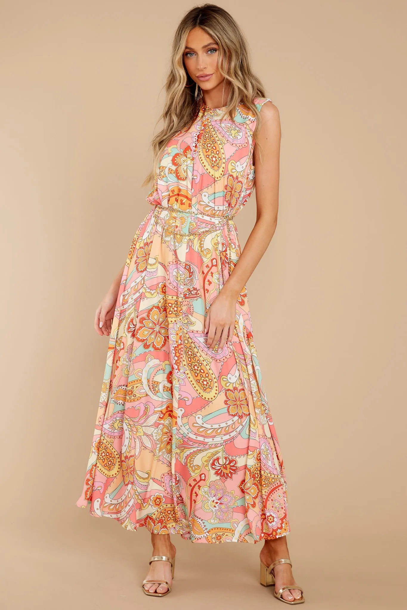 Like Fine Art Peach Pink Multi Print Maxi Dress