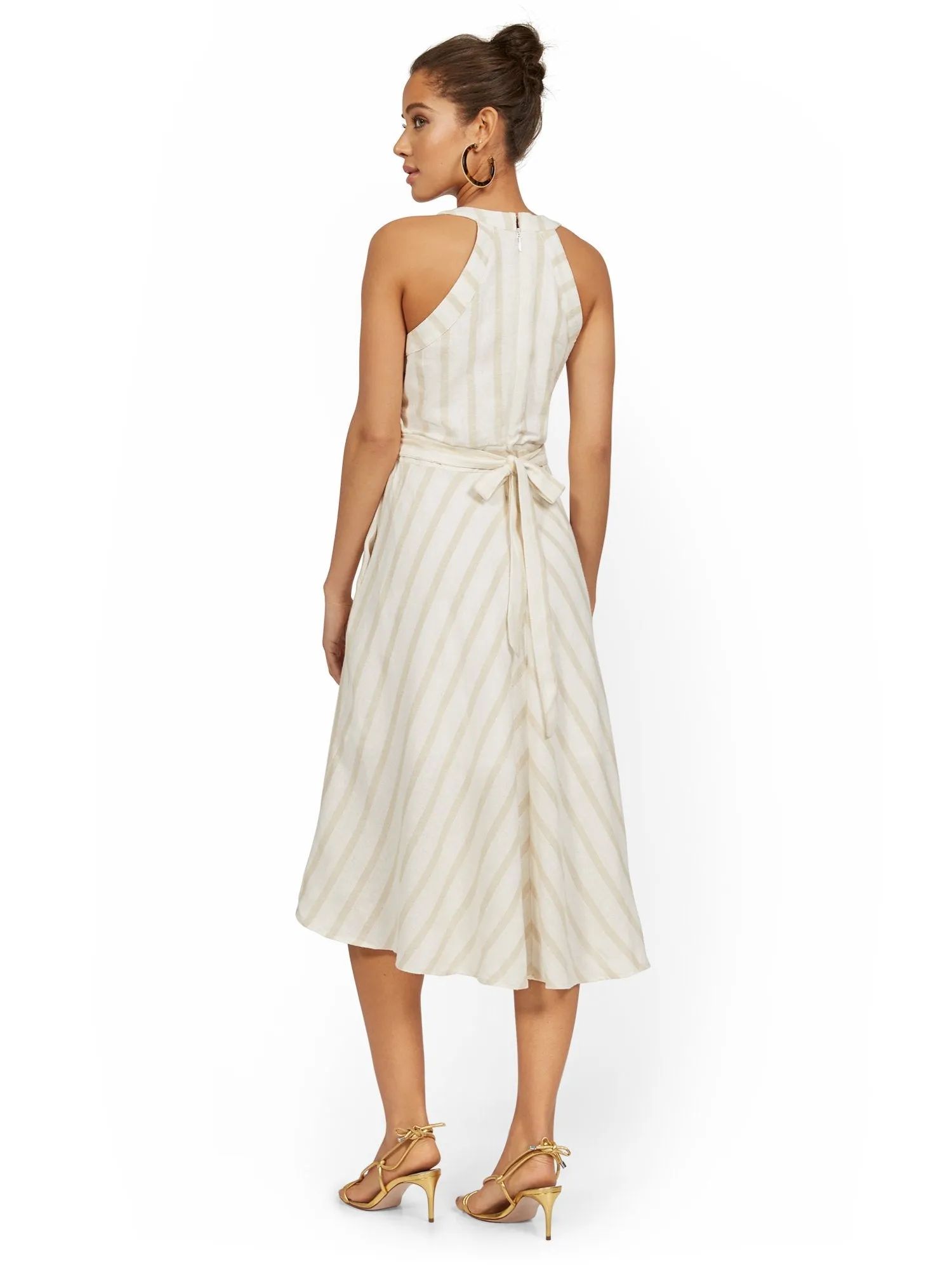 Linen-Blend Stripe Halter Midi Dress