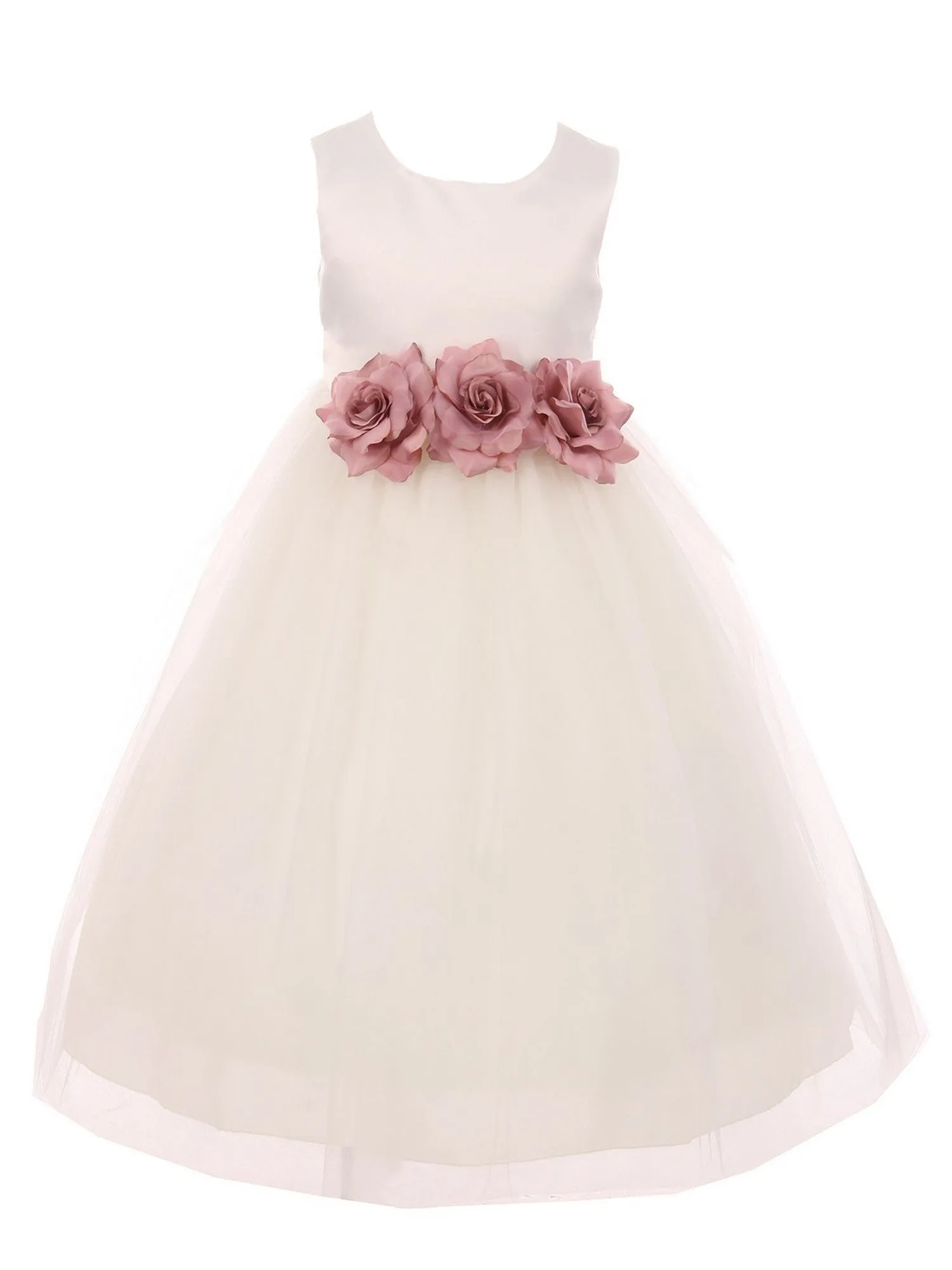 Little Girls Ivory Mauve Floral Satin Flower Girl Dress 2-6