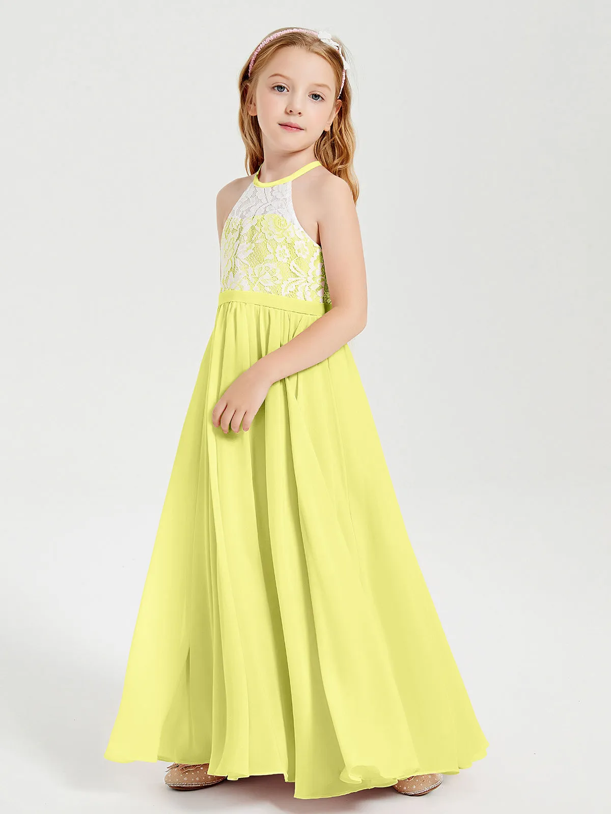 Long Chiffon Bridesmaid Dresses Lace Top Daffodil