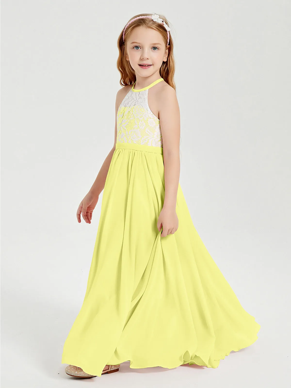 Long Chiffon Bridesmaid Dresses Lace Top Daffodil